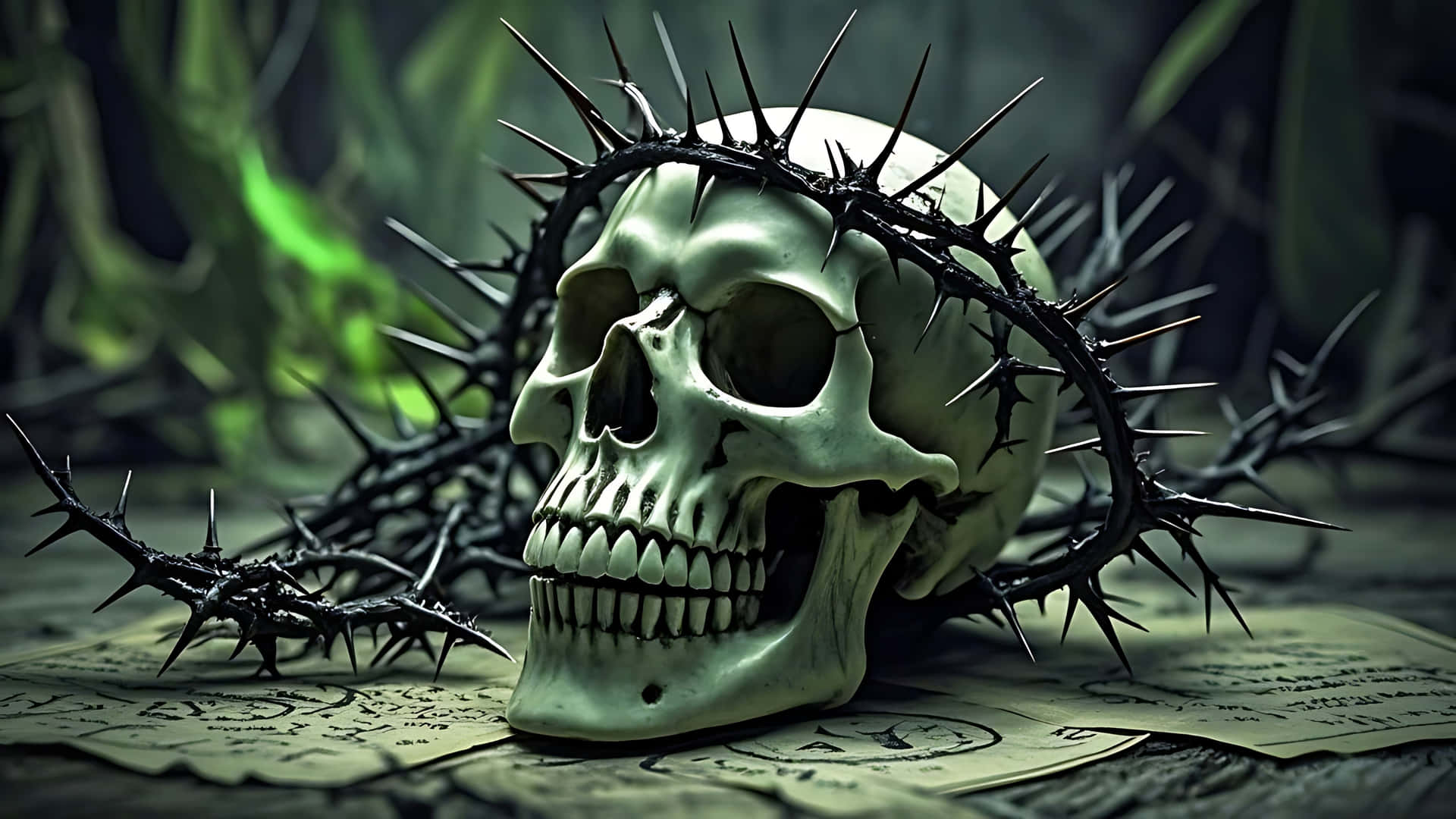 Witch's Skull with Black Thorns and Spells. skull wallpaper 壁紙 — 一個淡綠色頭骨戴著鋒利的黑色荊棘冠冕，安放在黑暗森林中的古老羊皮紙卷上。