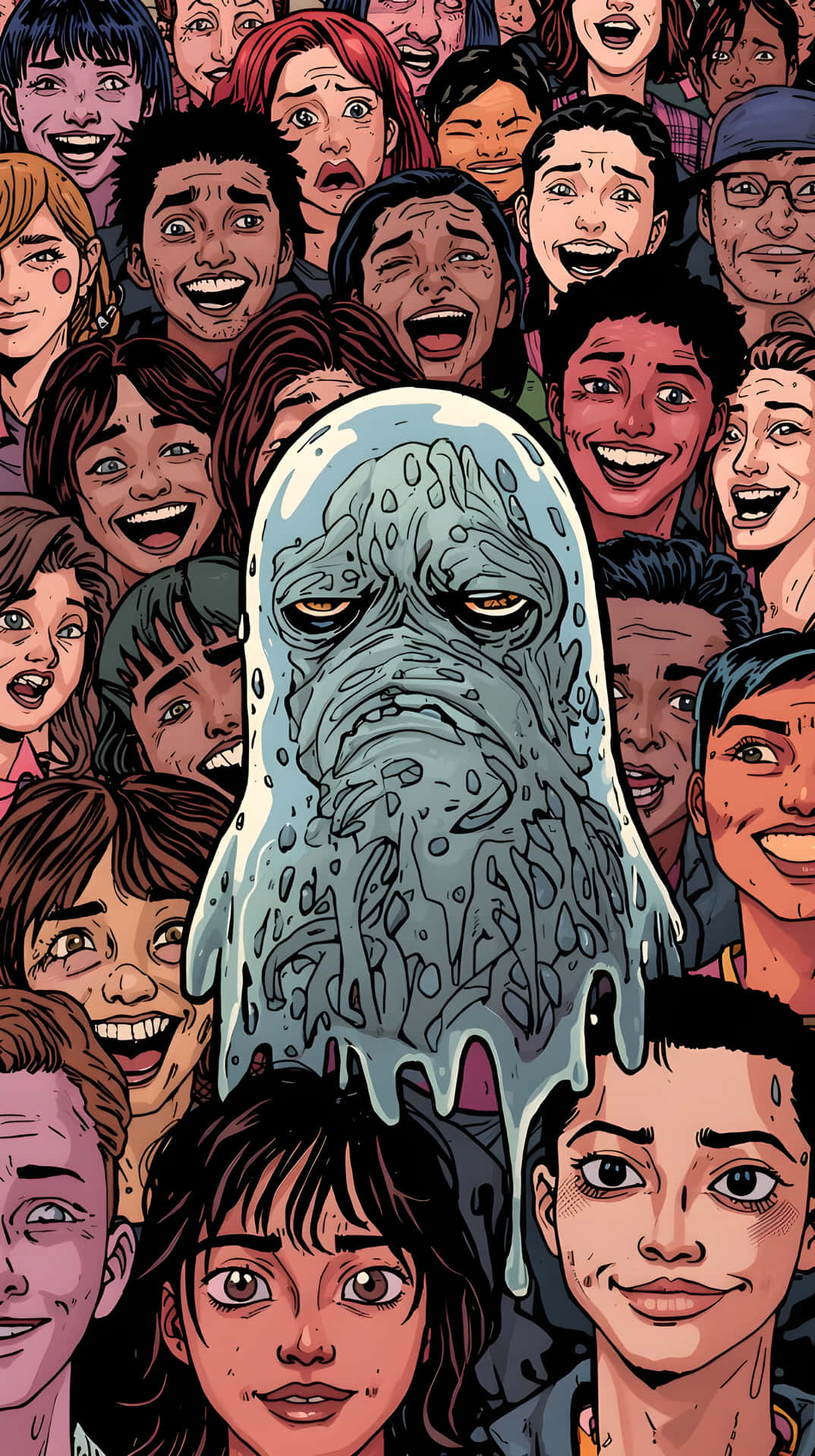 The Lonely Ghost in a Cheerful Crowd 壁紙 — 一個淡藍色凝膠狀生物，眼睛下垂，質地滴落，站在中央，被一群不同微笑面孔以漫畫風格包圍。