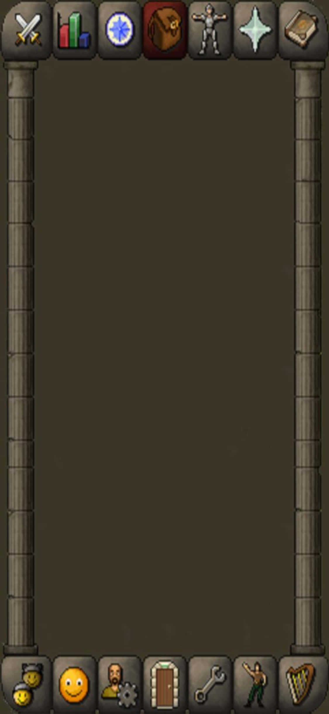 iPhone X Runescape Oldschool 桌布 壁紙 — 一個深棕色遊戲介面，配有石柱和像素藝術圖標，用於統計、製作和角色。