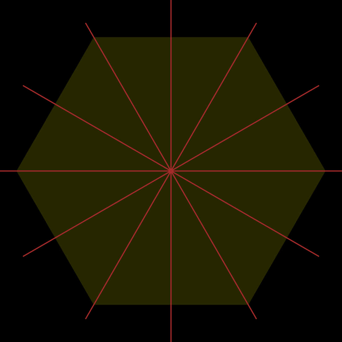 Geometric Shapes 桌布 壁紙 — 一個深橄欖綠色的六邊形居中在黑色背景上，帶有精確幾何對稱向外輻射的細紅線。
