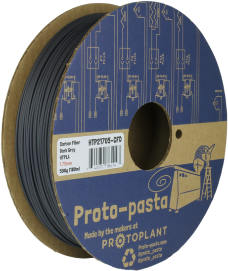 義大利麵 桌布 壁紙 — 一個深灰色碳纖維線軸，標有 Proto-pasta，藍色包裝上有電路圖和 3D 列印機插圖。