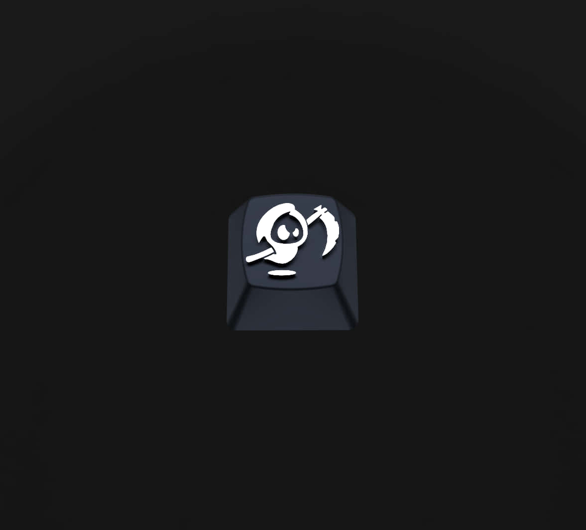 Discord 桌布 壁紙 — 一個深灰色鍵盤按鍵，中央有一個白色風格化的骷髏頭和鐮刀圖案，背景為黑色。