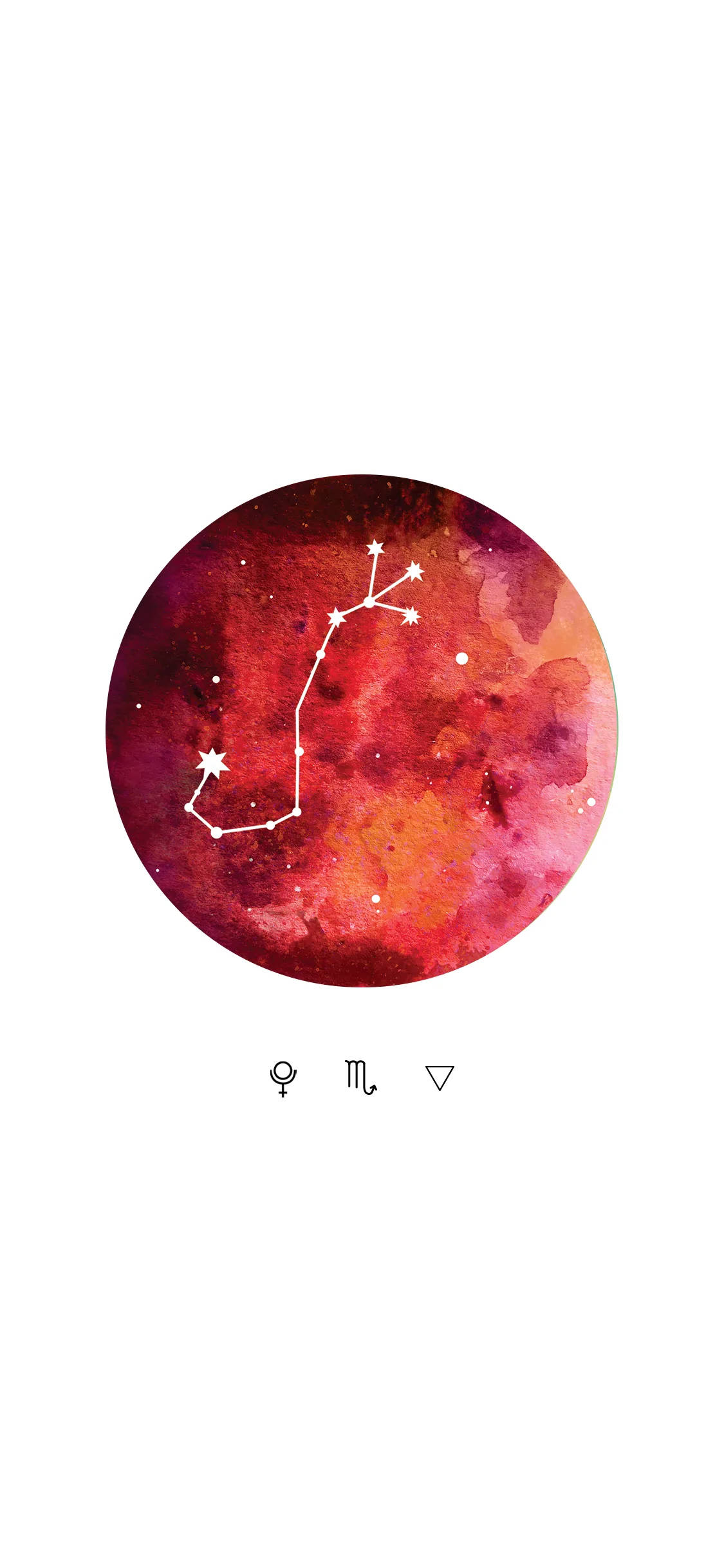 星座 桌布 壁紙 — 一個深紅色和橙色的水彩圓圈，內有白色線條組成的星座和星星，背景是宇宙。