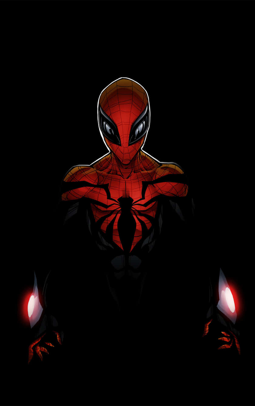 Amazing Spider Man iPhone 桌布 壁紙 — 一個深紅色和黑色的蜘蛛人站在黑色背景前，雙手發出紅光。
