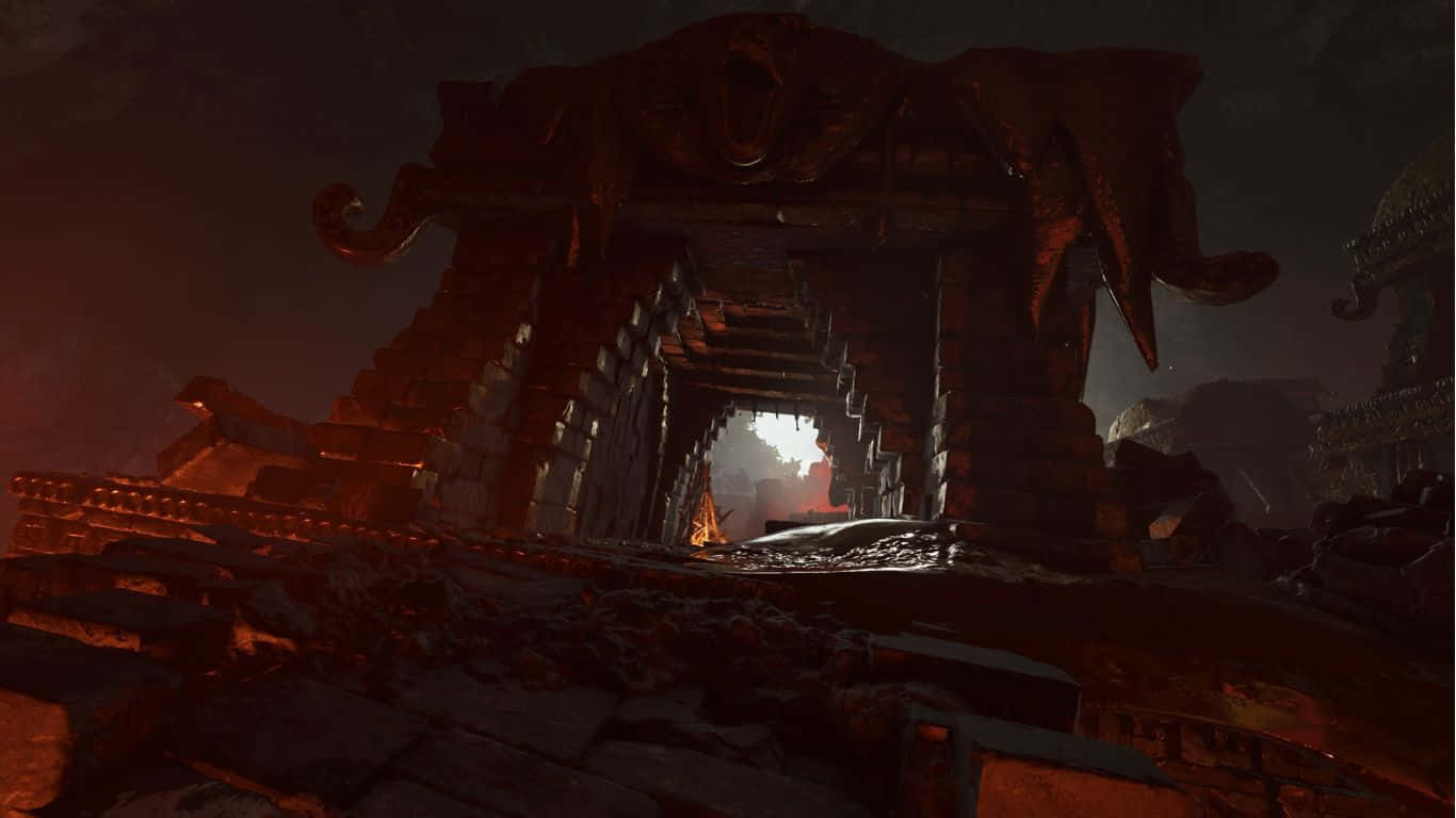 video games 桌布 壁紙 — 一個深紅色廢墟，帶有象頭拱門，框住了荒涼奇幻景觀中遠處的發光光芒。