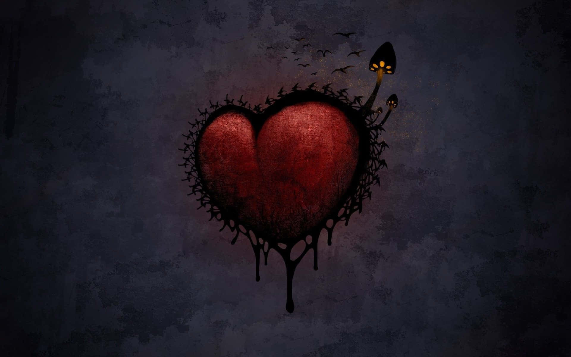 Dark Love 桌布 壁紙 — 一個深紅色心形帶有黑色荊棘，在帶有飛翔蝙蝠和發光蘑菇的紋理灰色背景上滴落黑色液體。