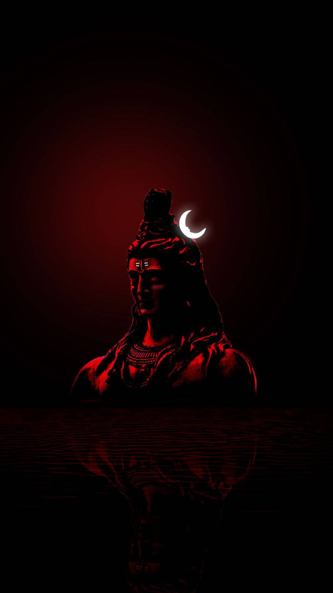 shiva dark 桌布 壁紙 — 一個深紅色的濕婆剪影，頭戴新月冠冕，倒映在發光紅色背景的水面上。