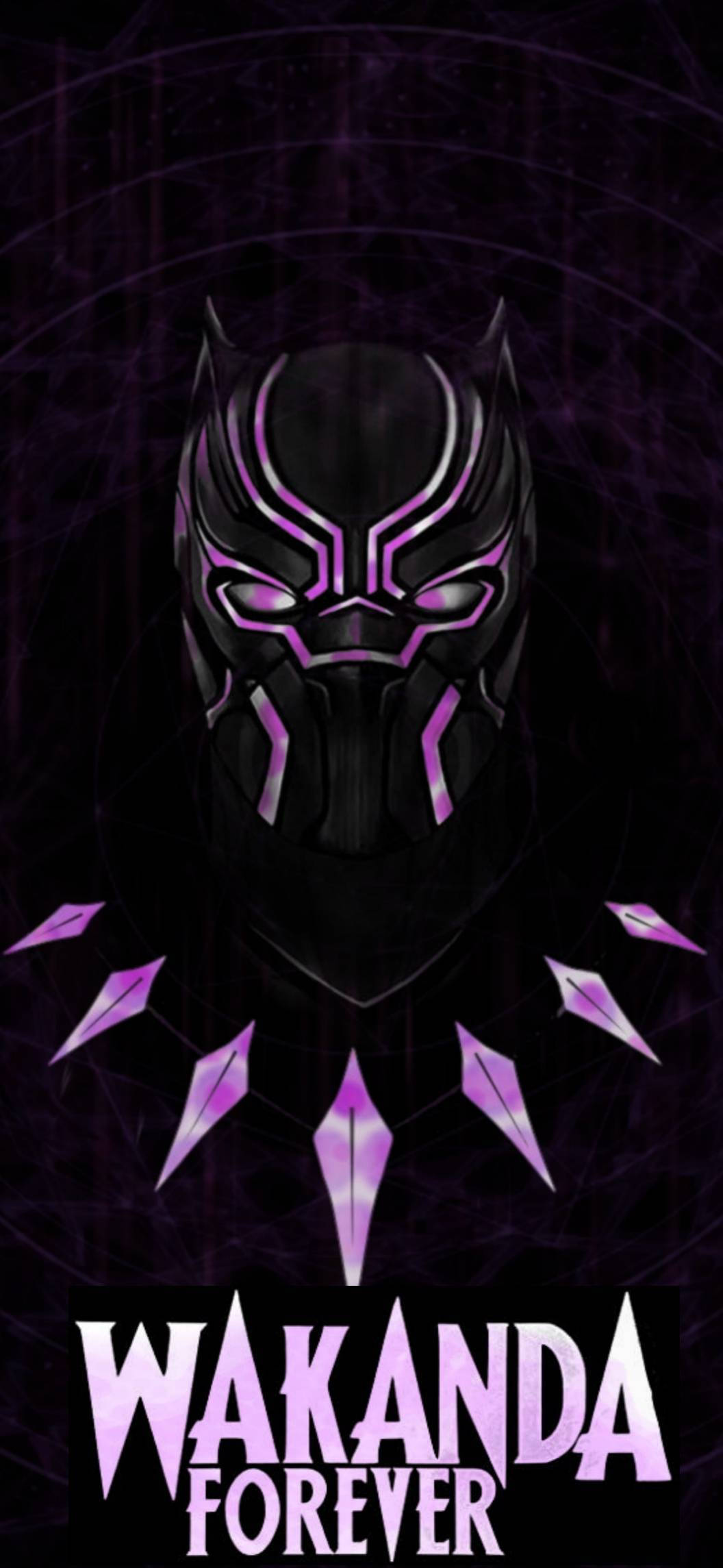 Wakanda 桌布 壁紙 — 一個深紫色和黑色的瓦干達黑豹面具，帶有發光的紫色點綴和鋒利的鑽石形寶石，背景是宇宙。