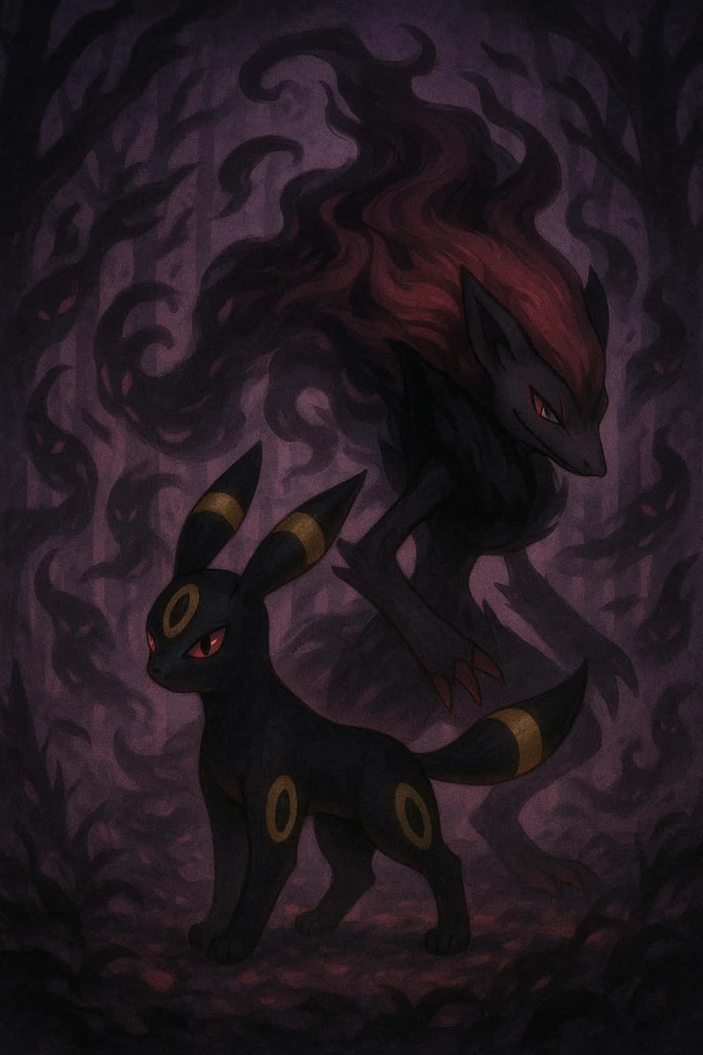 Umbreon Pokemon 4K HD Wallpaper WEBP MOBILE Backgrounds 壁紙 — 一個深紫色插圖場景，有兩個陰影寶可夢，眼睛發出紅光，周圍有旋轉的霧狀觸手。