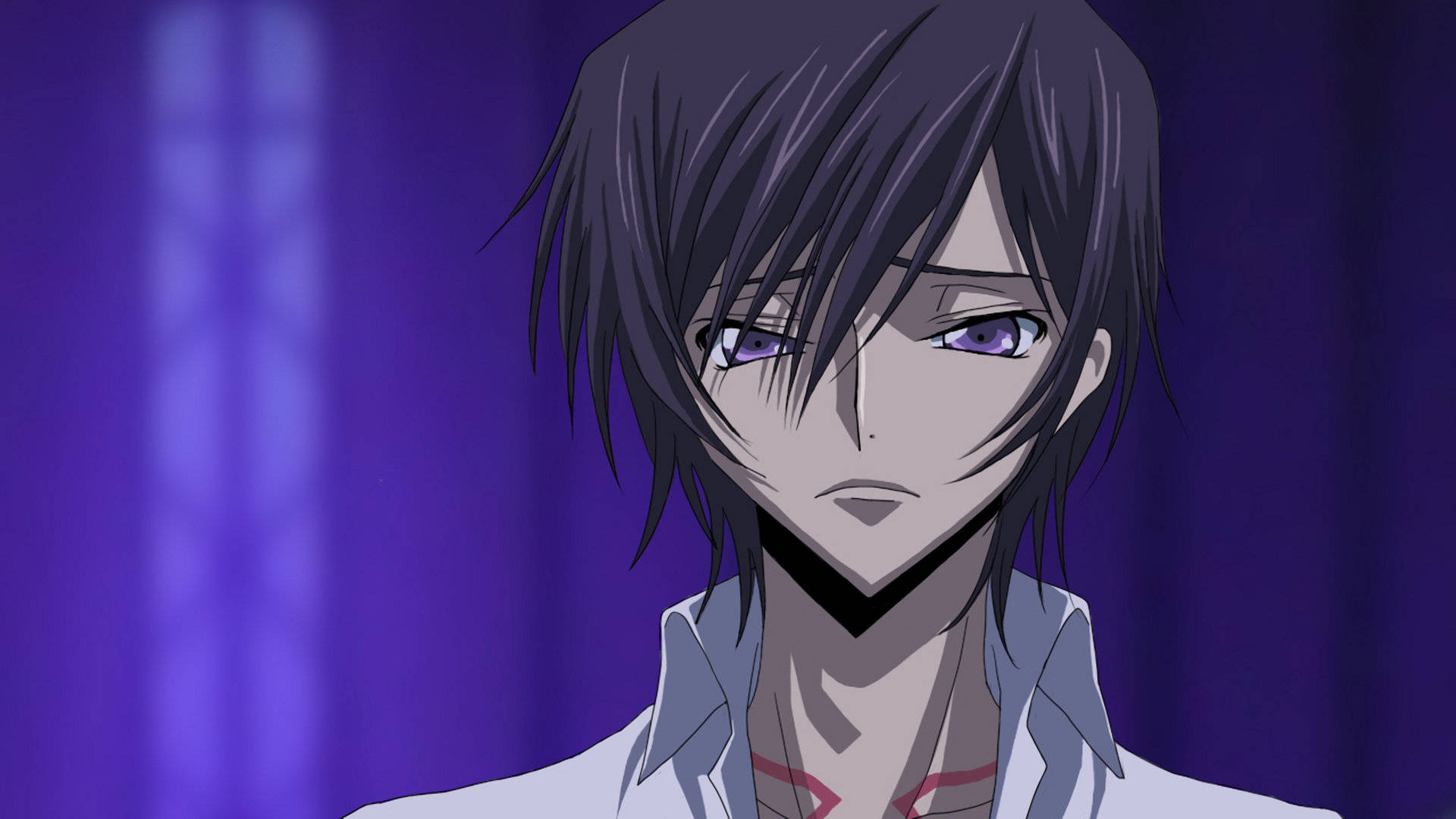 lelouch lamperouge 桌布 壁紙 — 一個深紫色窗簾背景下，黑髮紫眼動畫男性角色的特寫。