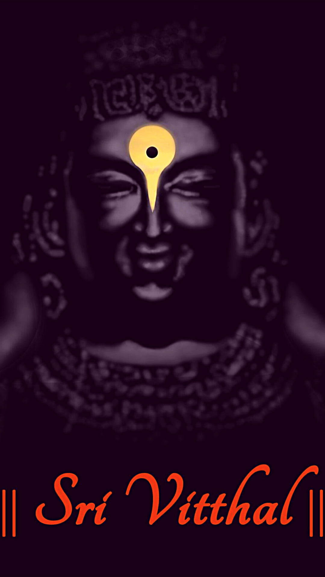 Lakshmi Devi 桌布 壁紙 — 一個深紫色肖像，描繪一位寧靜的神祇，帶有發光的黃色第三隻眼和華麗的皇冠，背景深邃。
