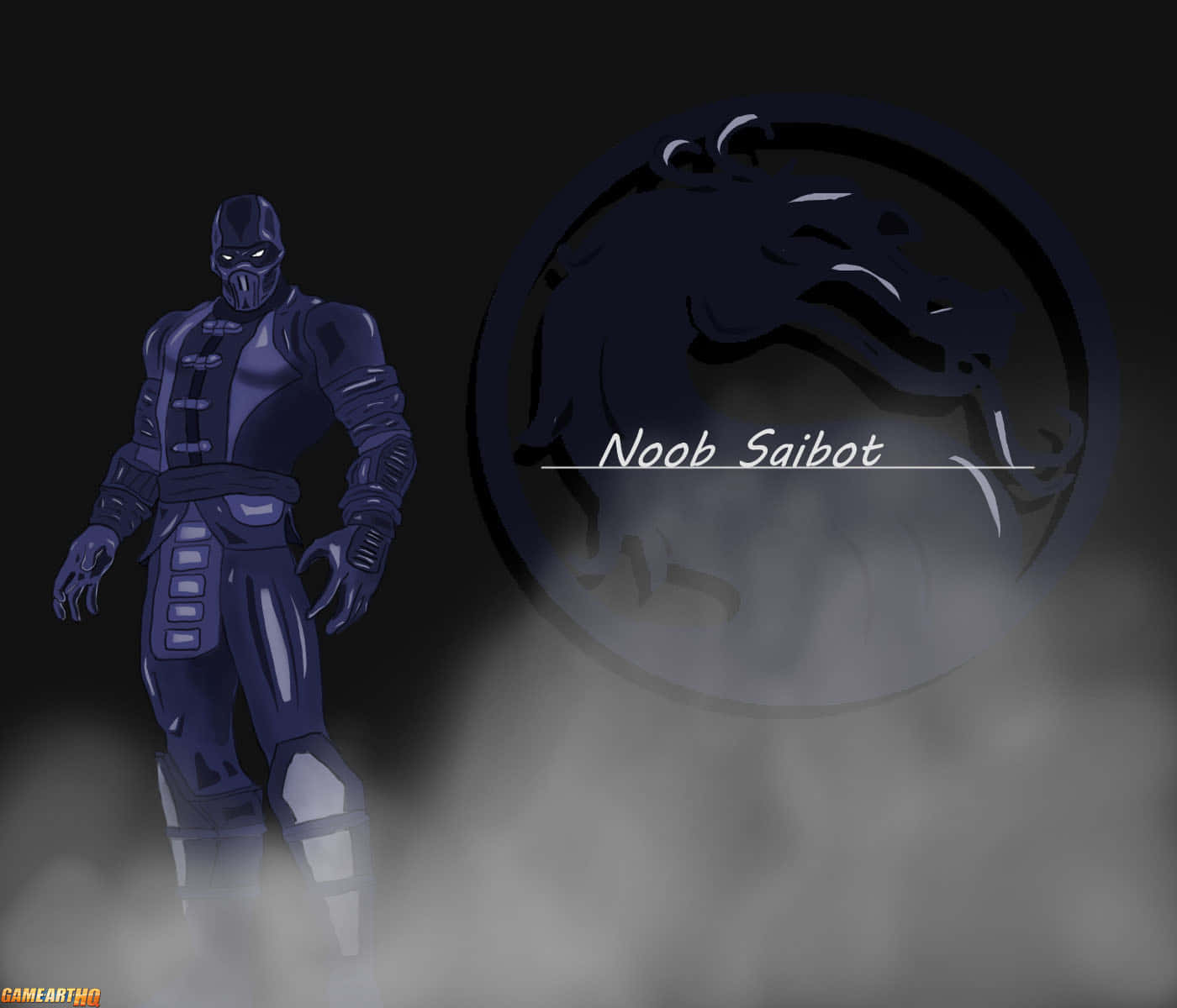 Mortal Kombat Noob Saibot 桌布 壁紙 — 一個深紫色裝甲的 Noob Saibot 站在霧中，背後有龍形徽章。