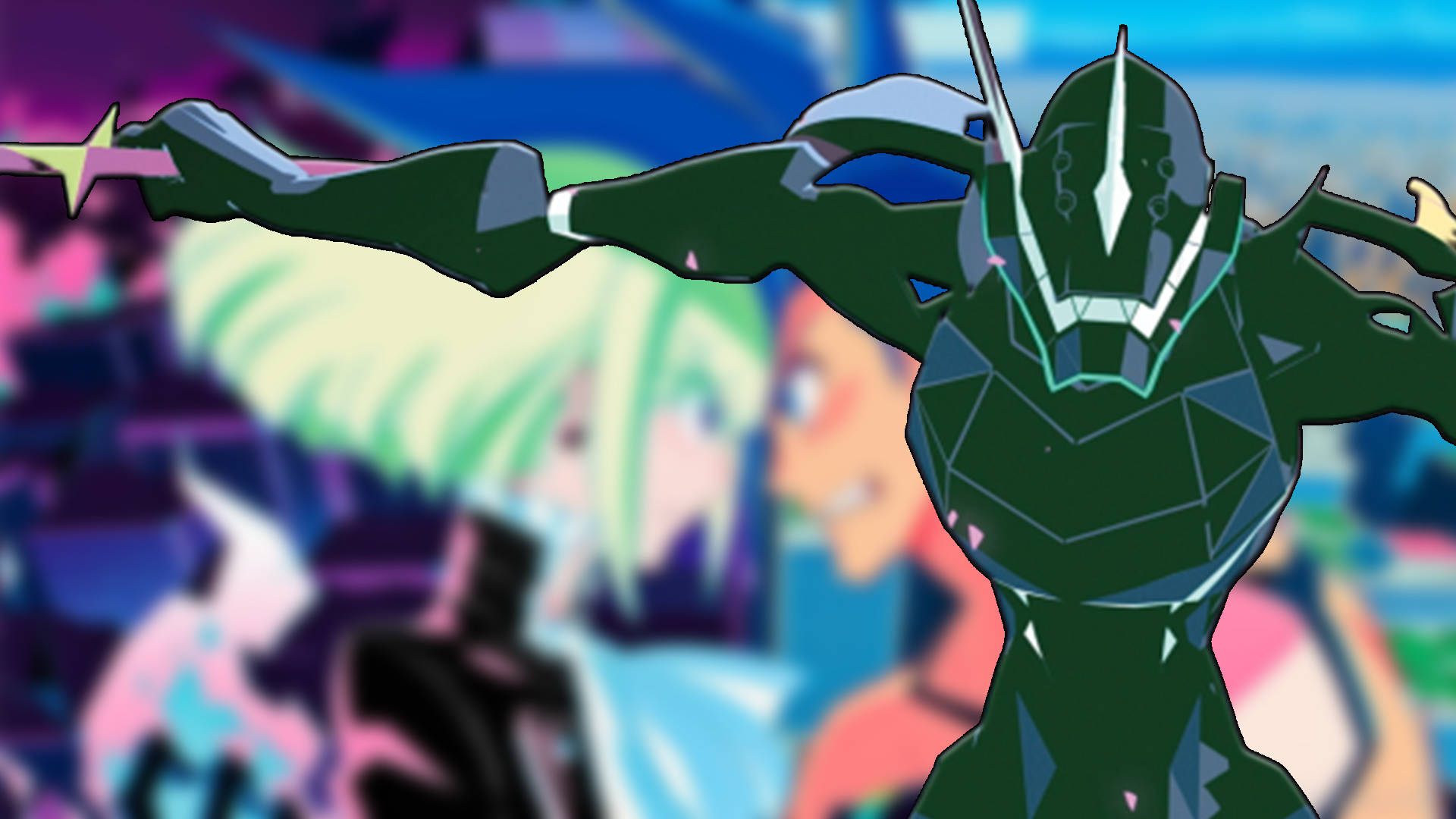 Promare 桌布 壁紙 — 一個深綠色裝甲動漫戰士，帶有發光白色點綴，以動態姿勢站在鮮豔模糊的背景前。