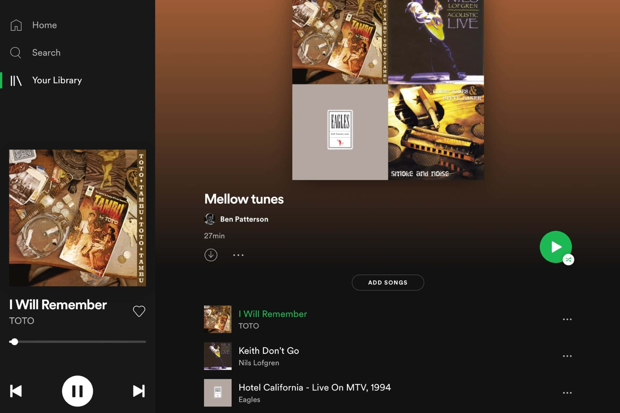 Screenshot 桌布 壁紙 — 一個深色主題的 Spotify 介面，顯示名為「Mellow tunes」的播放清單，包含專輯封面和歌曲名稱，如「I Will Remember」和「Hotel California」。
