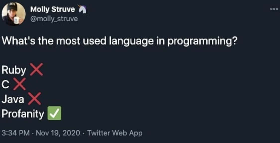 Technology Humor Memes 桌布 壁紙 — 一個深色主題的Twitter貼文幽默地宣稱「髒話」是最常用的程式語言，並帶有綠色勾號。