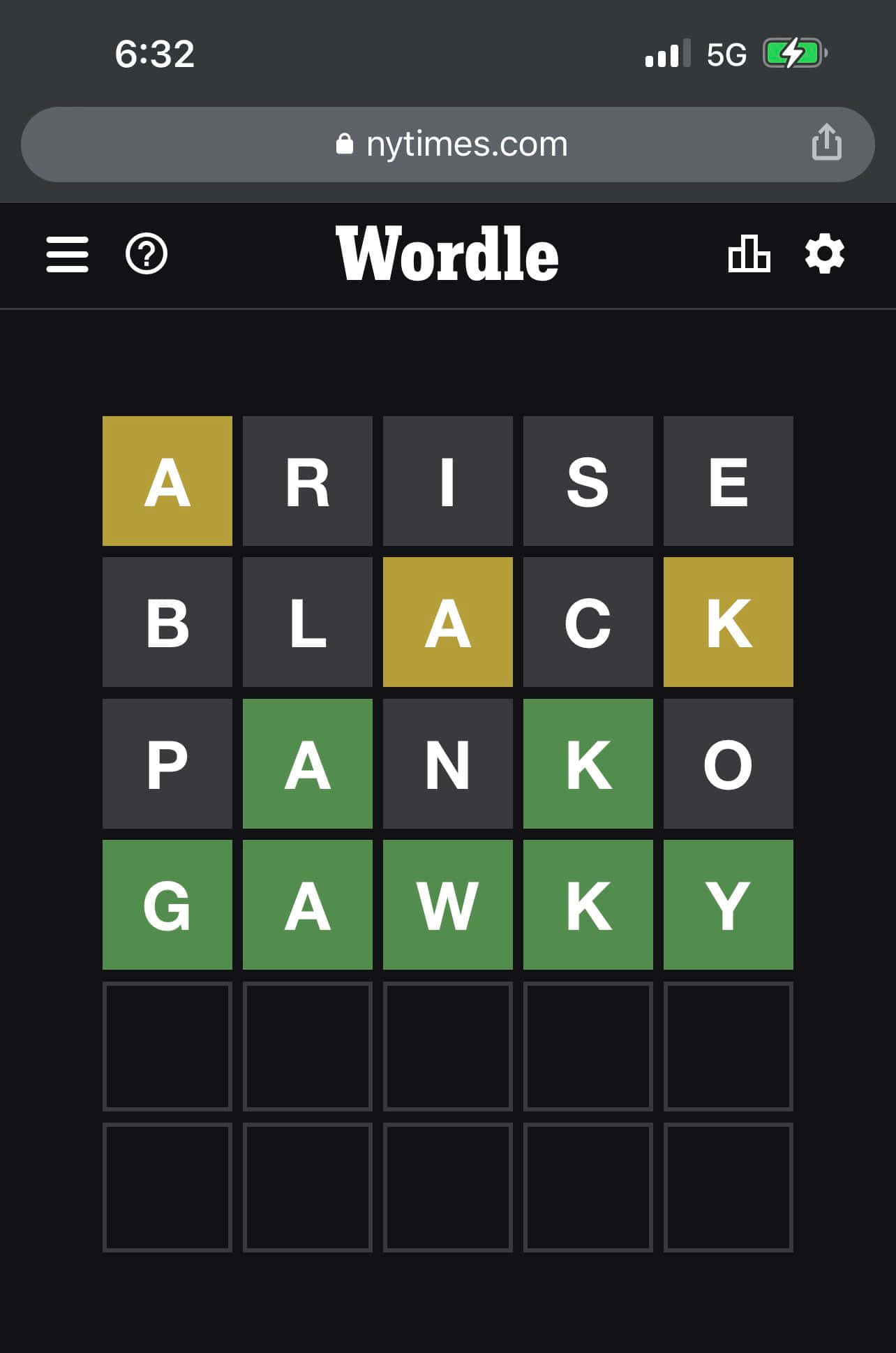 Wordle 桌布 壁紙 — 一個深色主題的Wordle遊戲介面，在智慧型手機螢幕上顯示一個已解決的拼圖，帶有彩色字母方塊。