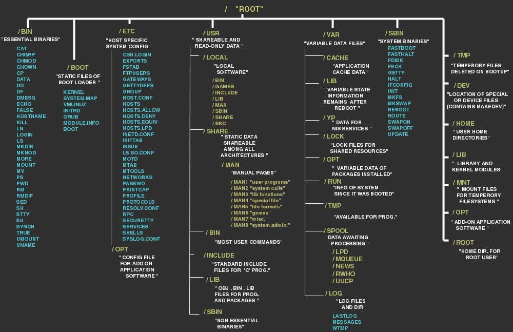 Software 桌布 壁紙 — 一個深色主題的層次圖，用彩色文字標籤說明 Linux 檔案系統目錄結構。