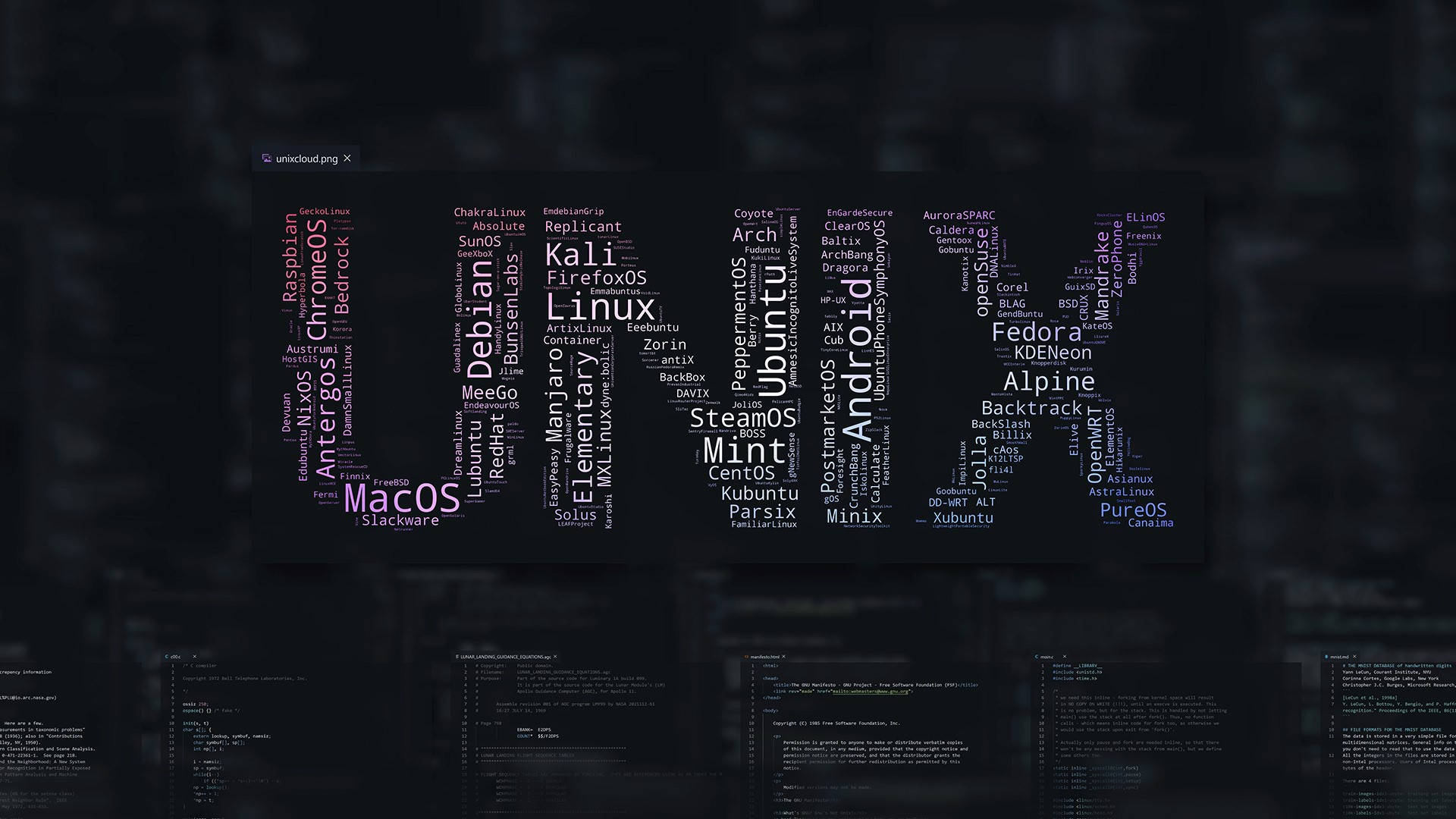 Programming 桌布 壁紙 — 一個深色主題的詞雲，包含Linux Ubuntu Android和macOS等作業系統，顯示在電腦螢幕上，背景為模糊的程式碼。