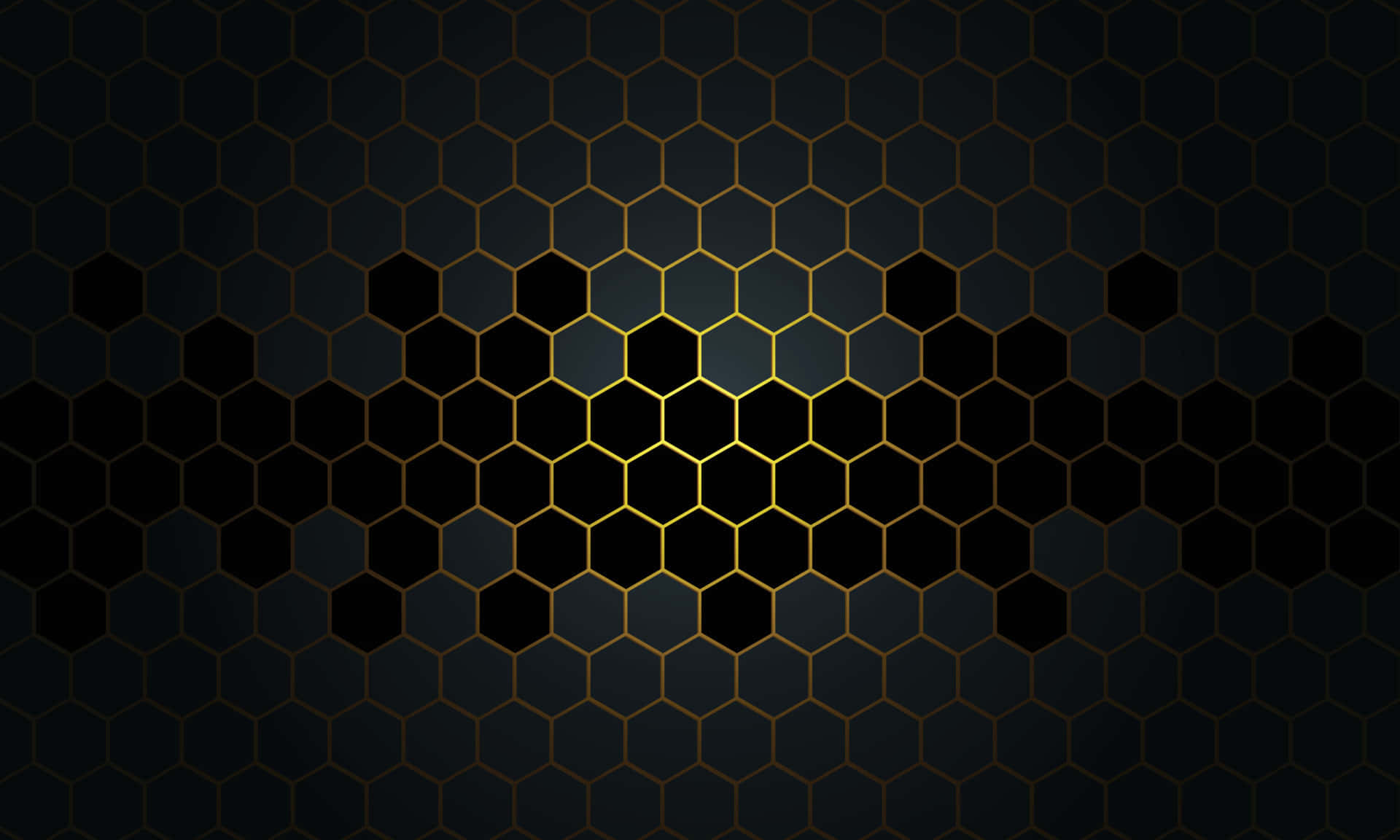 Honeycomb 桌布 壁紙 — 一個深色六角形網格圖案，帶有發光的金色線條，在深黑色背景上形成一個放射狀的中央簇。