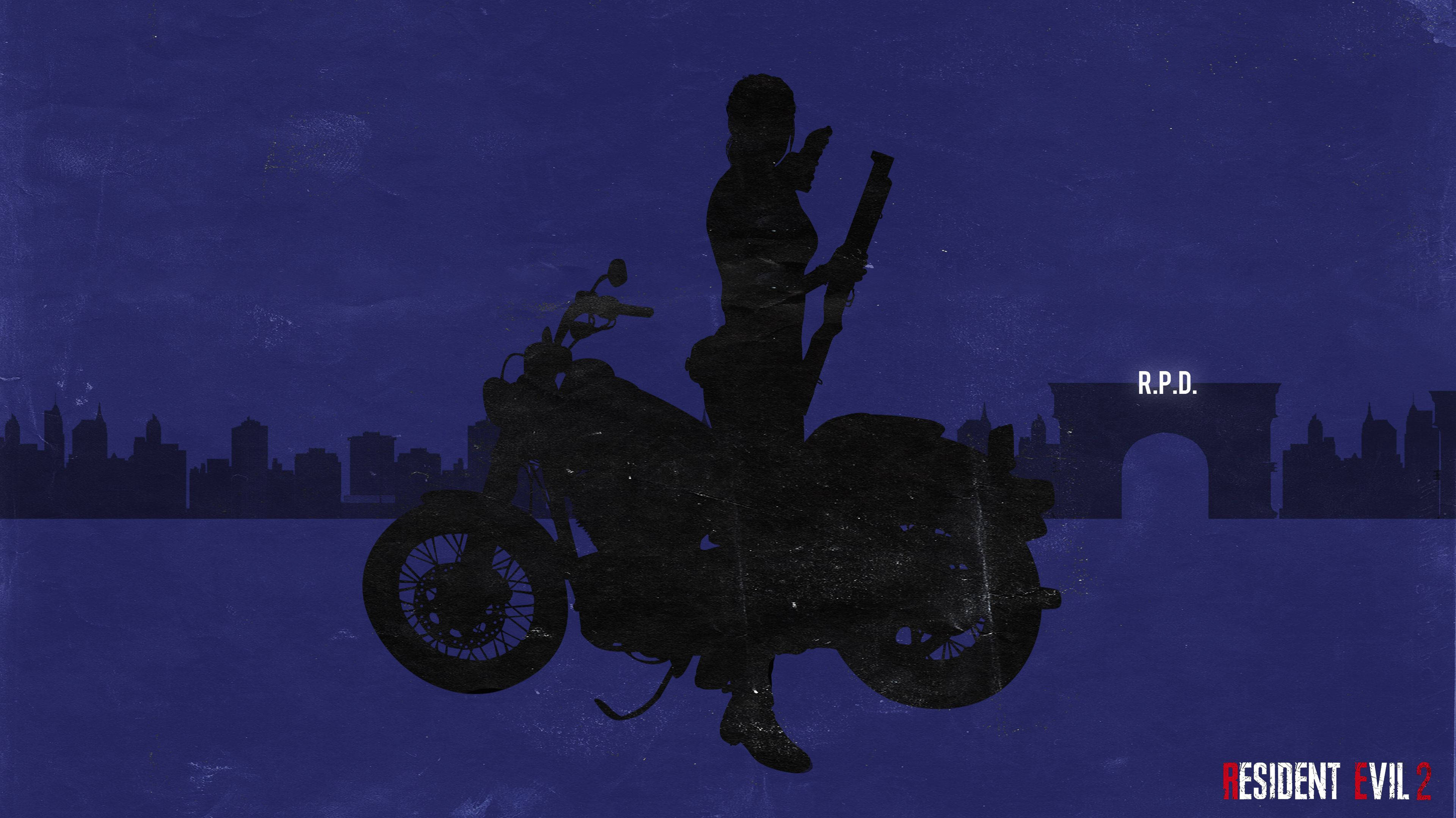 evil 桌布 壁紙 — 一個深色剪影，人物騎著摩托車，手持武器，背景是深藍色城市天際線，R.P.D.拱門清晰可見。