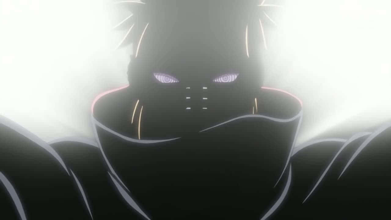 Nagato 桌布 壁紙 — 一個深色動漫人物，擁有發光的紫色眼睛和高領，站在明亮的背光中。