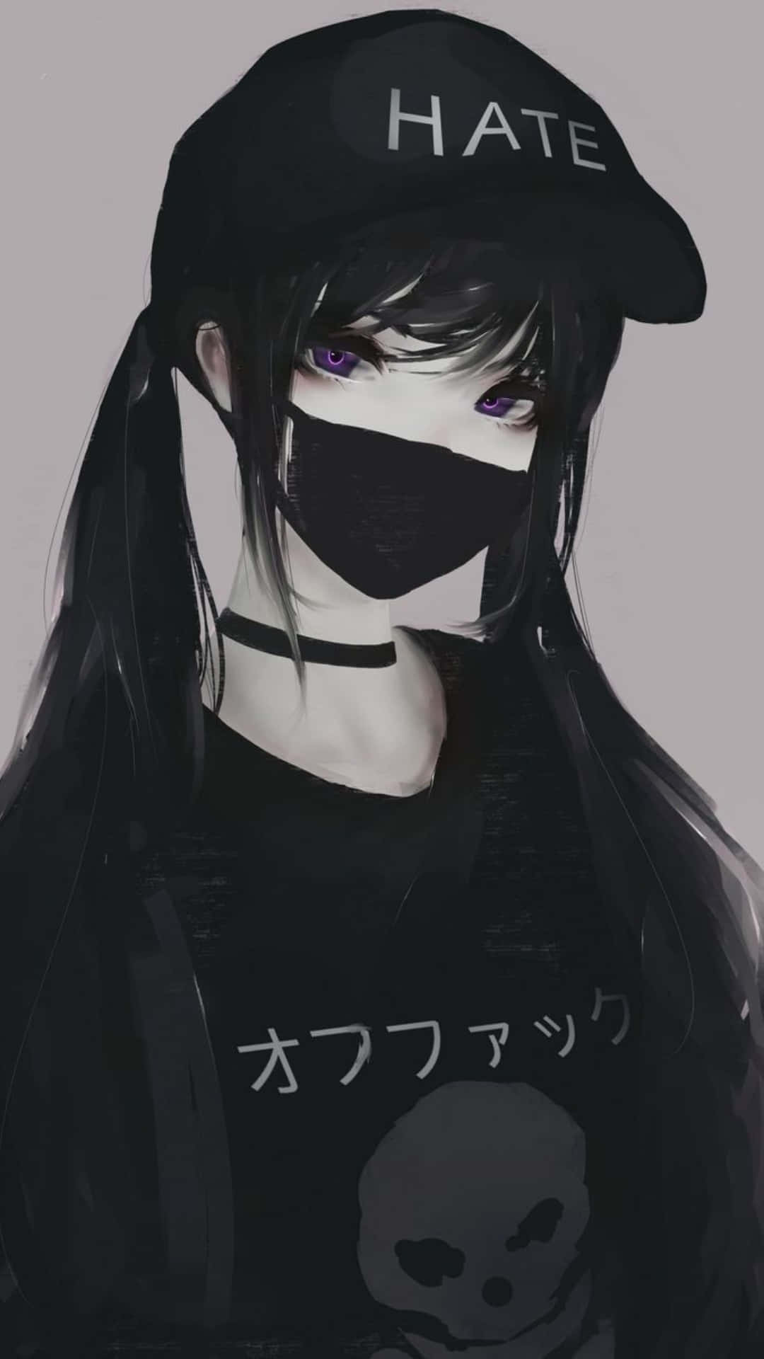 動漫女孩 桌布 壁紙 — 一個深色動漫女孩，紫色眼睛，戴著「HATE」帽子和口罩，背景是純灰色。