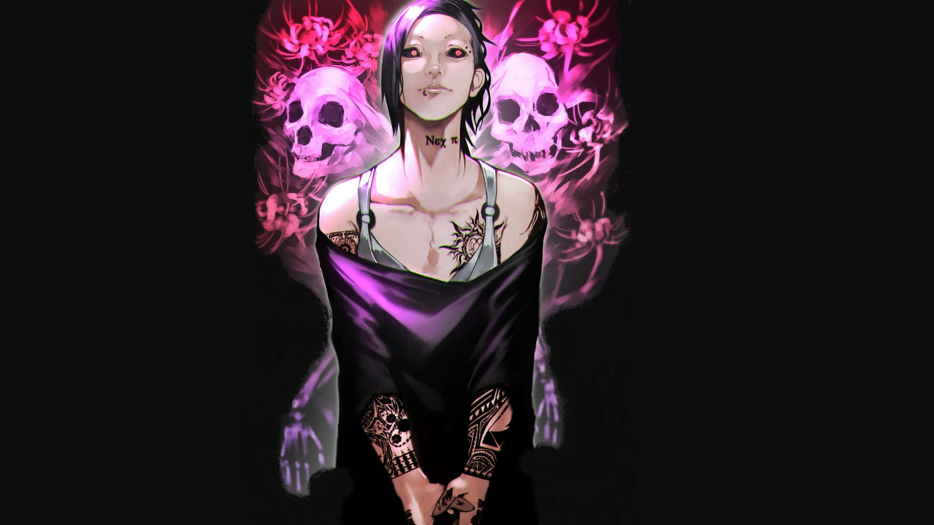 Tokyo Ghoul Uta 桌布 壁紙 — 一個深色動漫女孩，紫色頭髮和刺青，站在黑色背景前發光的粉紅色頭骨和花朵前。