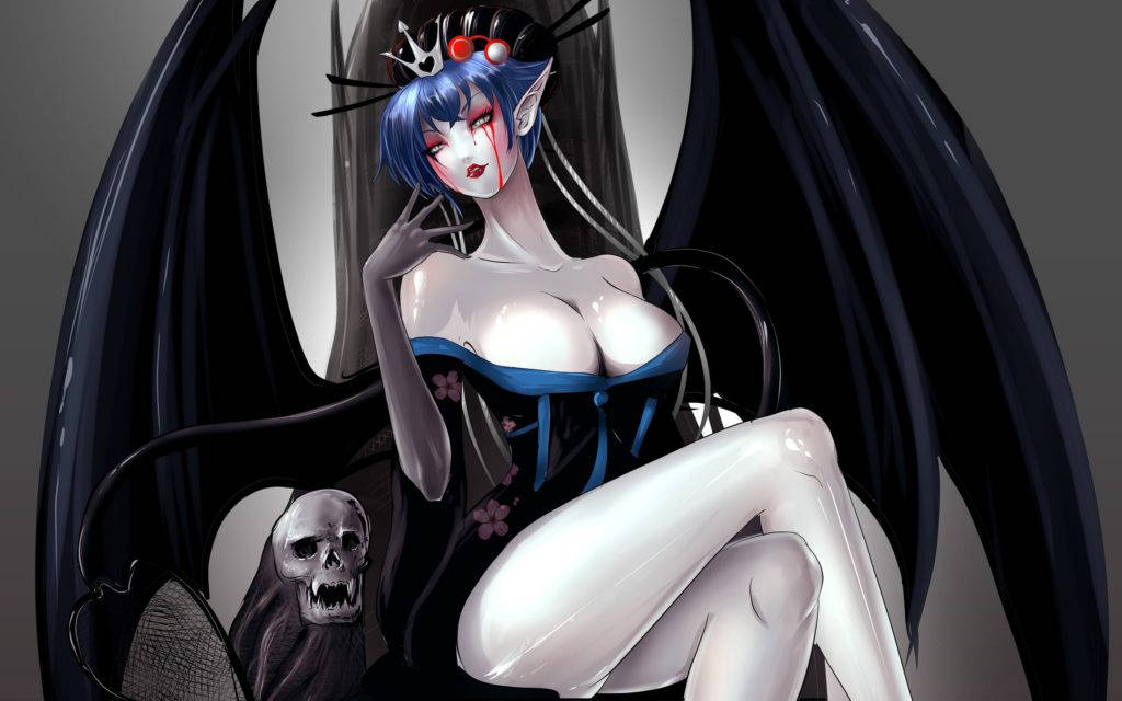 Succubus 桌布 壁紙 — 一個深色動漫女孩，藍色頭髮和黑色翅膀，在哥德式場景中誘惑地擺姿勢，旁邊有一個頭骨。
