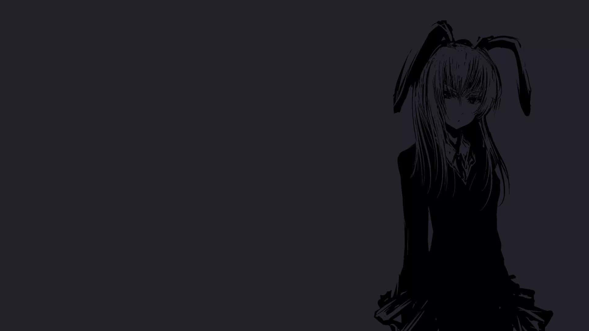 暗黑動漫 桌布 壁紙 — 一個深色動漫女孩戴著兔耳朵，在深灰色背景的陰影寂靜中站立。