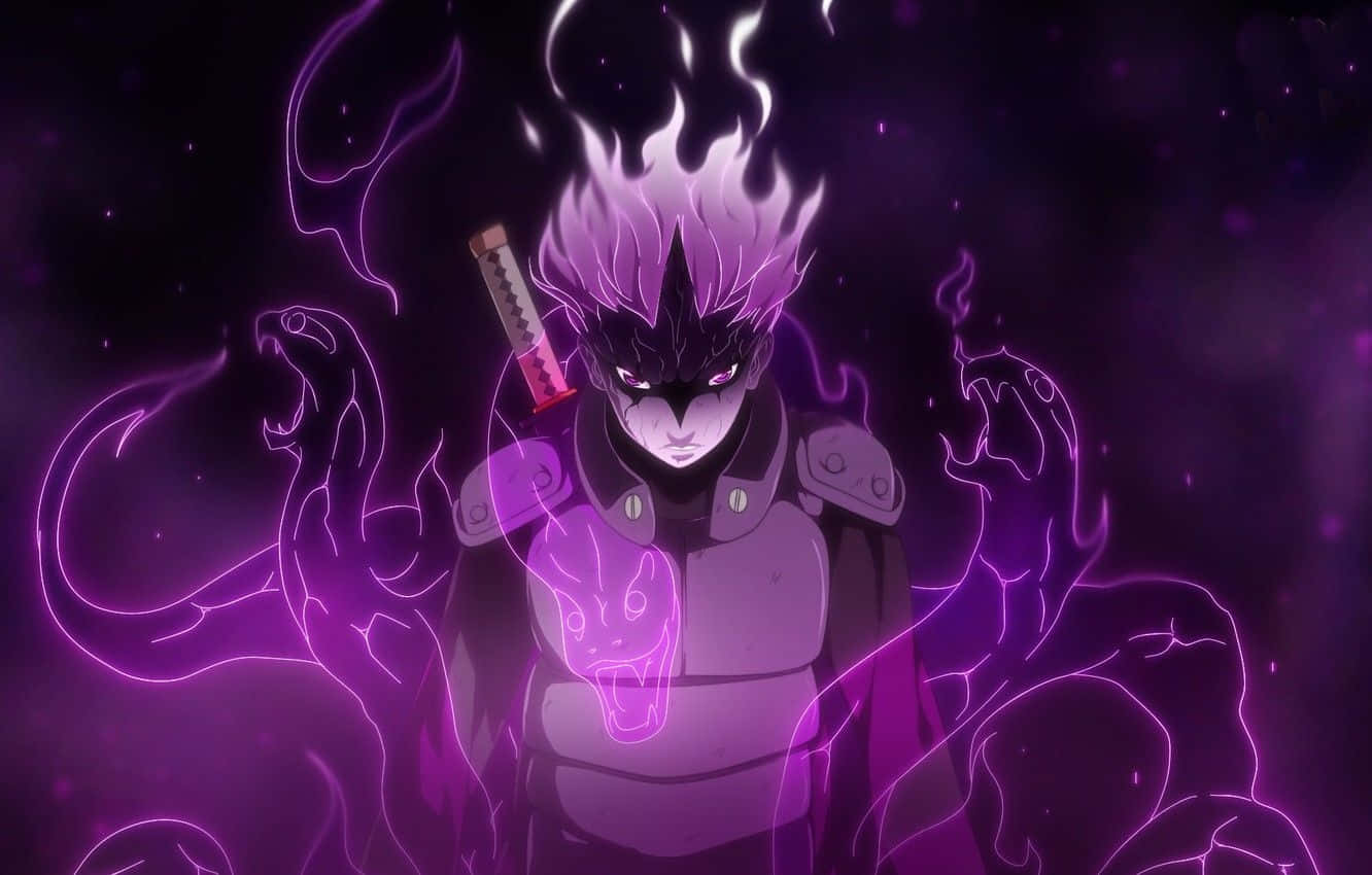 Purple Anime 桌布 壁紙 — 一個深色動漫戰士，擁有紫色火焰頭髮和發光的眼睛，被幽靈般的紫色蛇包圍，背景是宇宙虛空。