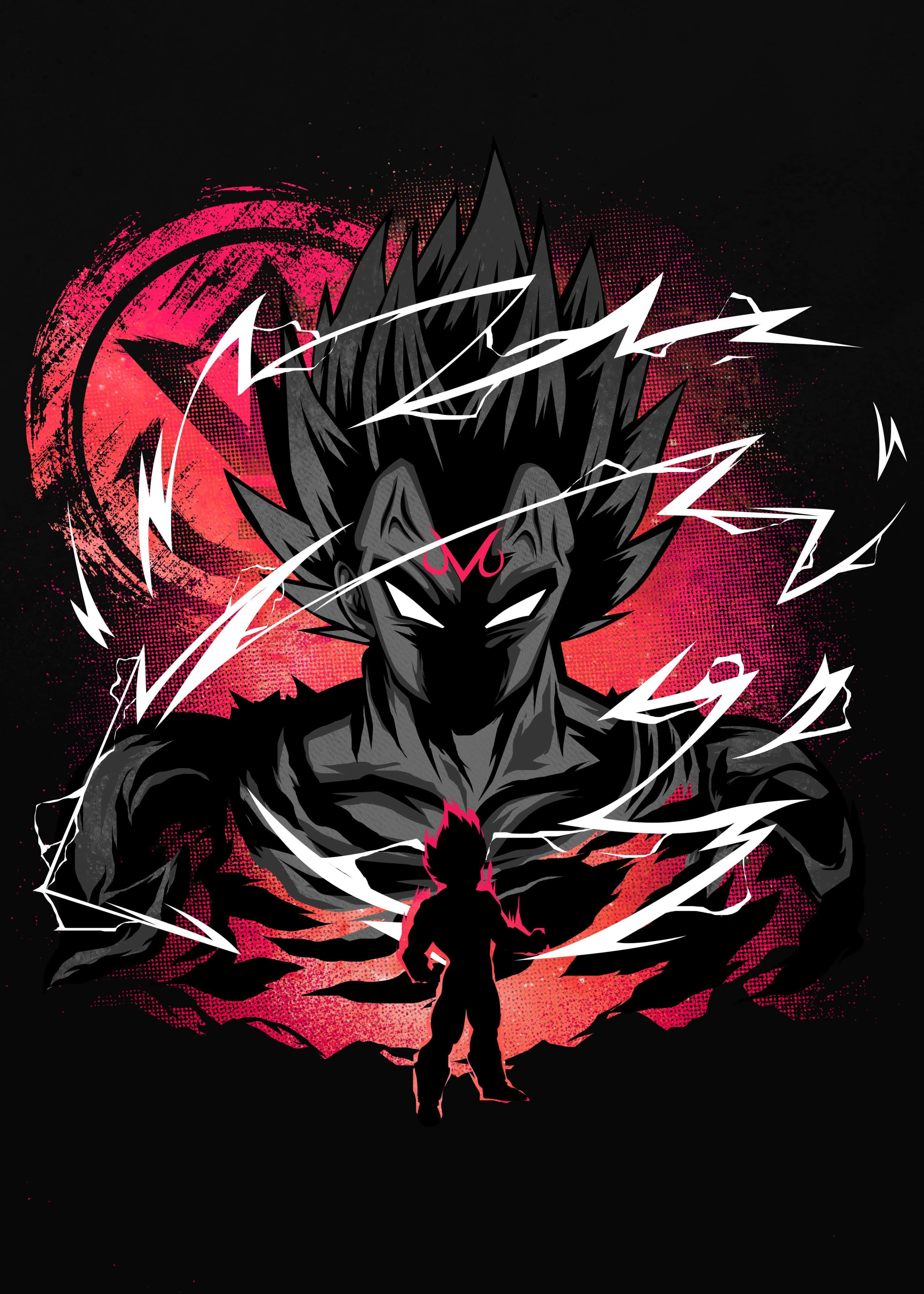 Majin Vegeta 桌布 壁紙 — 一個深色動漫戰士，有著尖刺頭髮和發光的眼睛，在一個帶有白色能量條紋的紅色圓形背景上，俯視著一個小剪影。
