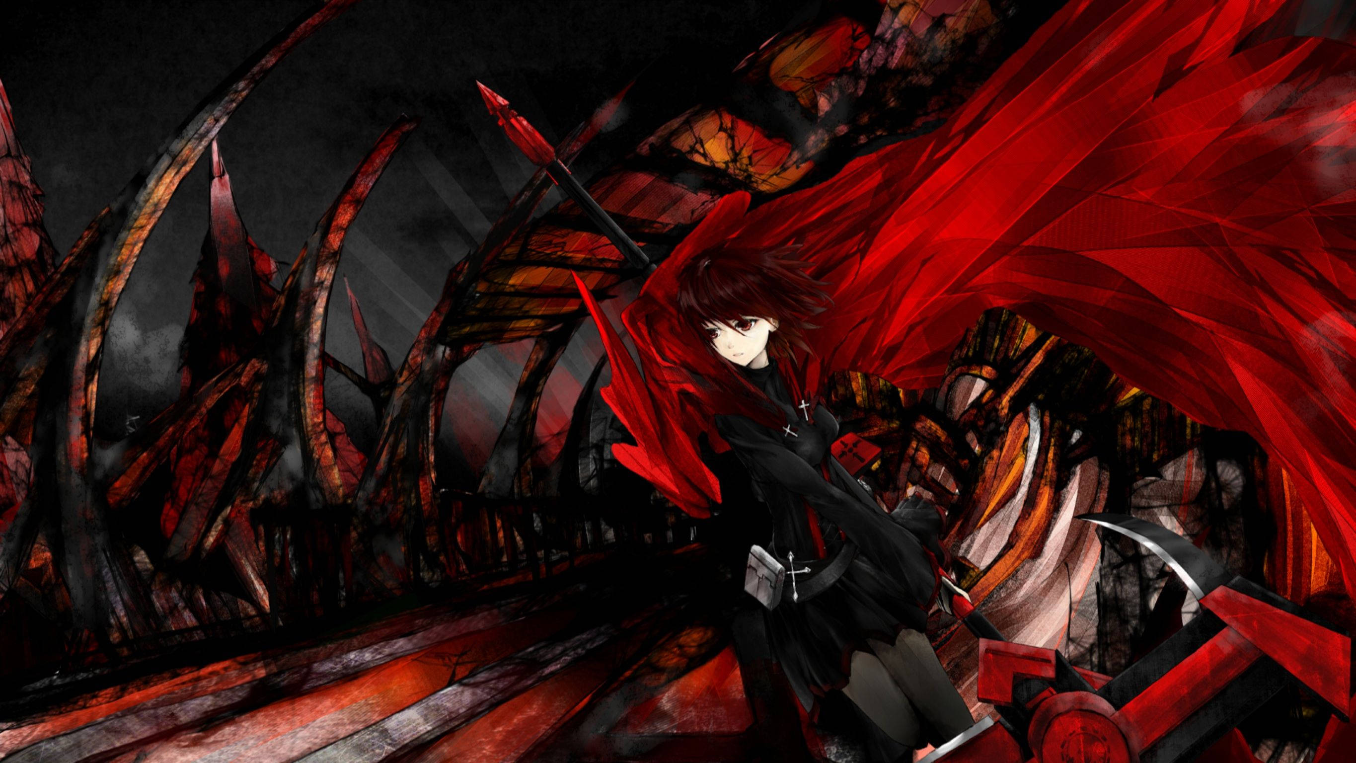 Anime Gaming 桌布 壁紙 — 一個深色動漫戰士，紅髮飄逸，披著深紅色斗篷，站在鋸齒狀的紅色和黑色晶體結構之間，天空風暴密佈。