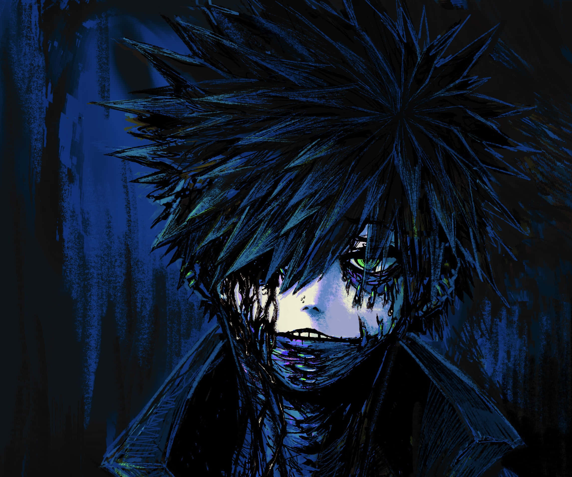 Dabi Boku No Hero 桌布 壁紙 — 一個深色動漫角色，擁有尖刺的藍黑色頭髮和發光的綠色眼睛，在憂鬱的藍色背景下強烈凝視。