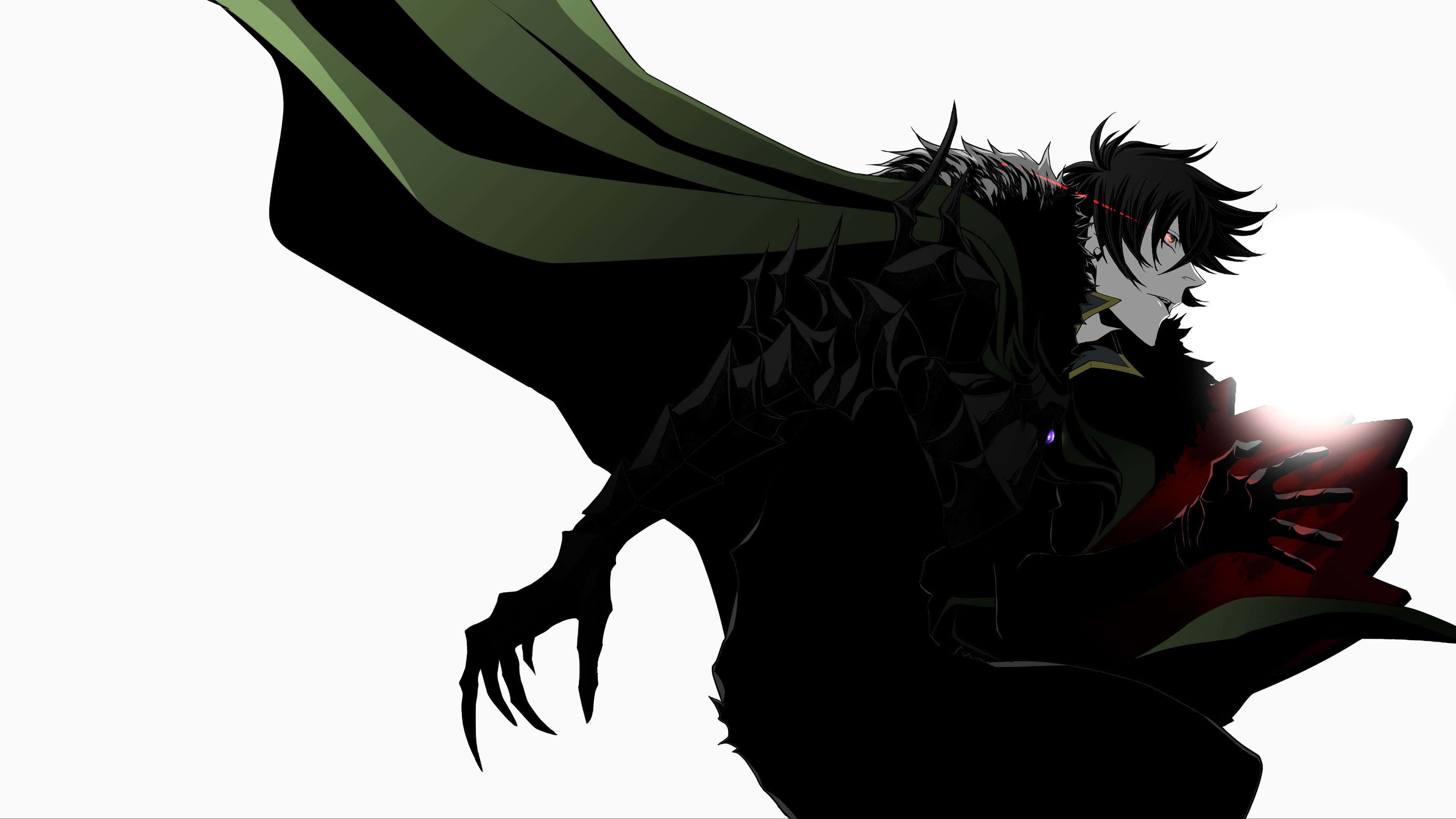 The Rising Of The Shield Hero 桌布 壁紙 — 一個深色動漫角色，擁有尖刺黑髮和飄逸的綠色斗篷，在明亮的白色背景下以剪影站立。