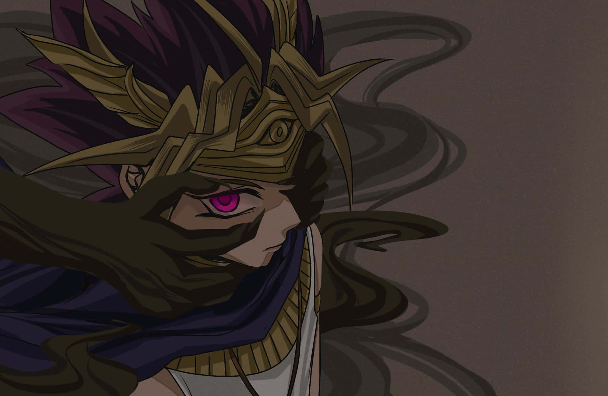 Yami Yugi 桌布 壁紙 — 一個深色動漫角色，擁有紫色眼睛和華麗的金色頭飾，部分被陰影般的觸手遮擋。