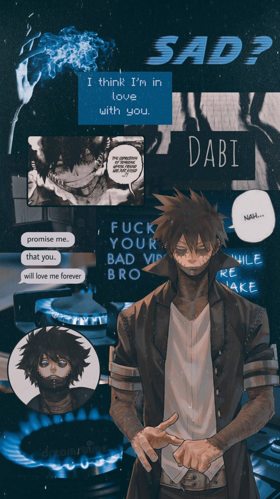 動漫角色Dabi，帶有發光藍色能量和表達悲傷與愛的漫畫面板。 — 動漫男孩暗黑 壁紙