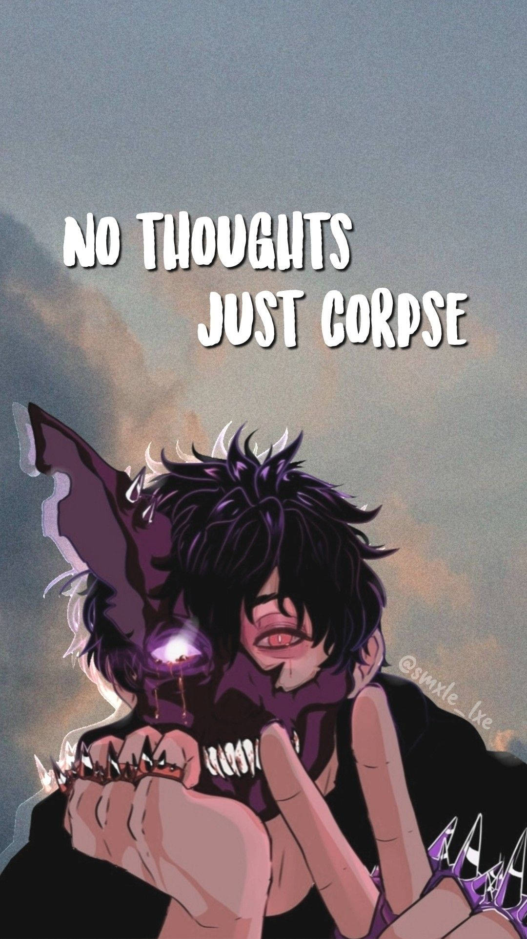Corpse 桌布 壁紙 — 一個深色動漫角色，有著尖刺頭髮和發光的眼睛，在煙霧繚繞的黃昏天空下緊握著一個頭骨。