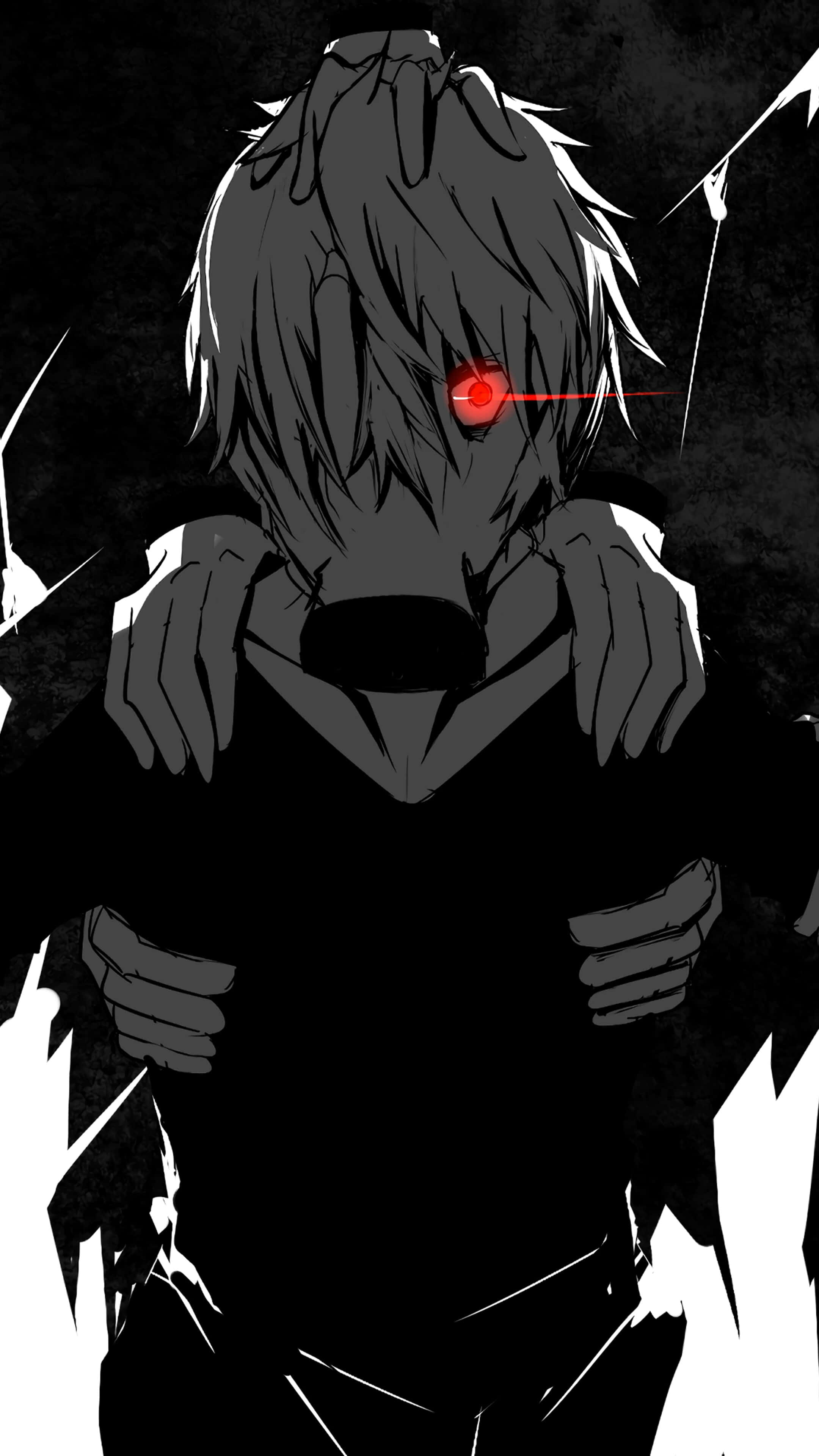 Anime Character 桌布 壁紙 — 一個深色動漫角色，有著尖刺頭髮和一隻發光的紅色眼睛，在破碎的背景前緊抓著胸口。