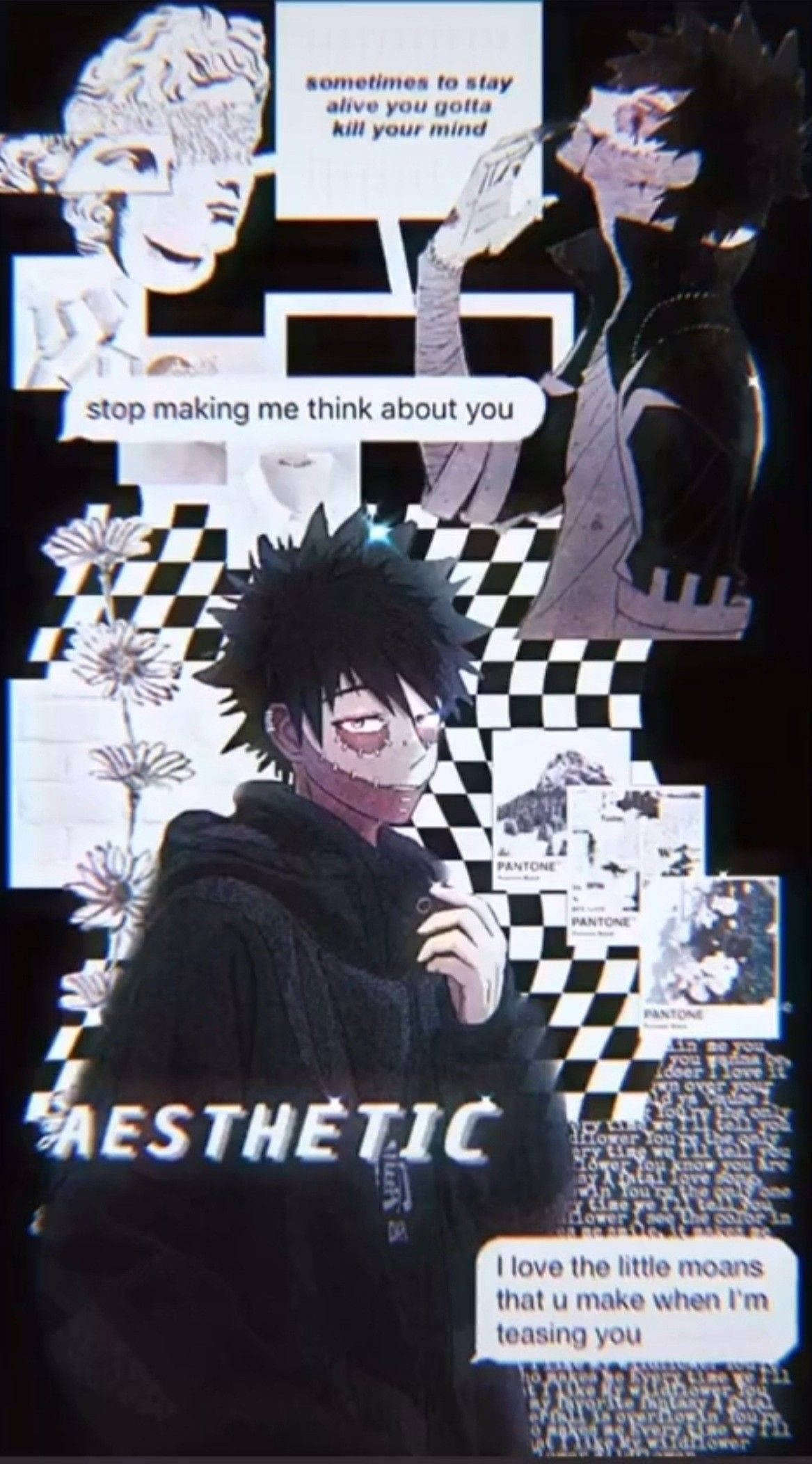 Dabi Aesthetic 桌布 壁紙 — 一個深色動漫角色，有著尖刺頭髮和面具，站在由格子圖案、文字氣泡和花卉圖案組成的拼貼畫前。