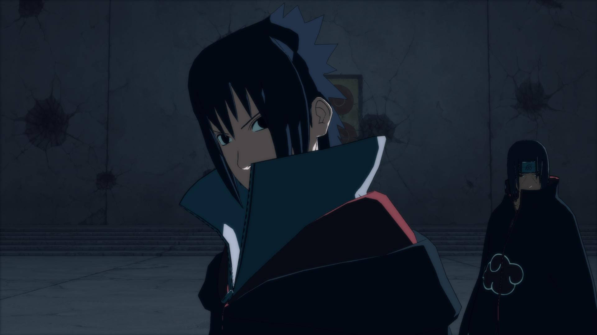 Sasuke 4K 桌布 壁紙 — 一個深色動漫角色，有著尖刺黑髮和紅色襯裡斗篷，站在一個昏暗、裂開的房間裡，附近有另一個穿斗篷的身影。