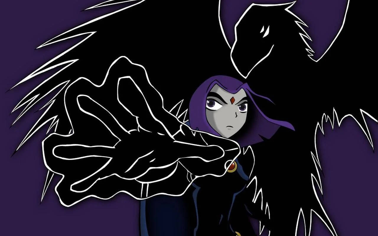 teen titans go 桌布 壁紙 — 一個深色動漫角色，紫色頭髮，伴隨一隻烏鴉，站在深紫色背景上，帶有鮮明的白色輪廓。