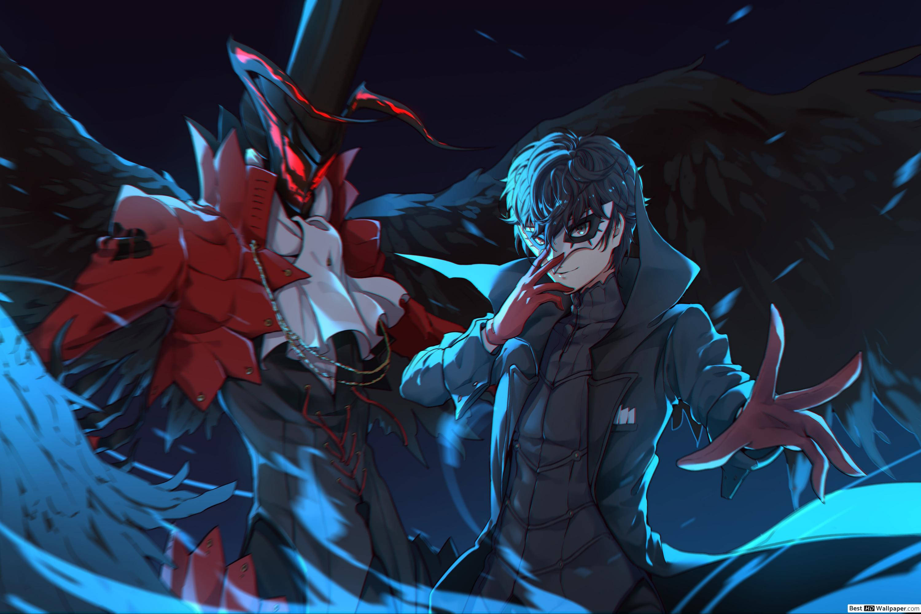 ren amamiya 桌布 壁紙 — 一個深色動漫角色，藍色頭髮和黑色翅膀，站在一個紅色裝甲惡魔旁邊，背景是暴風雨的夜晚。
