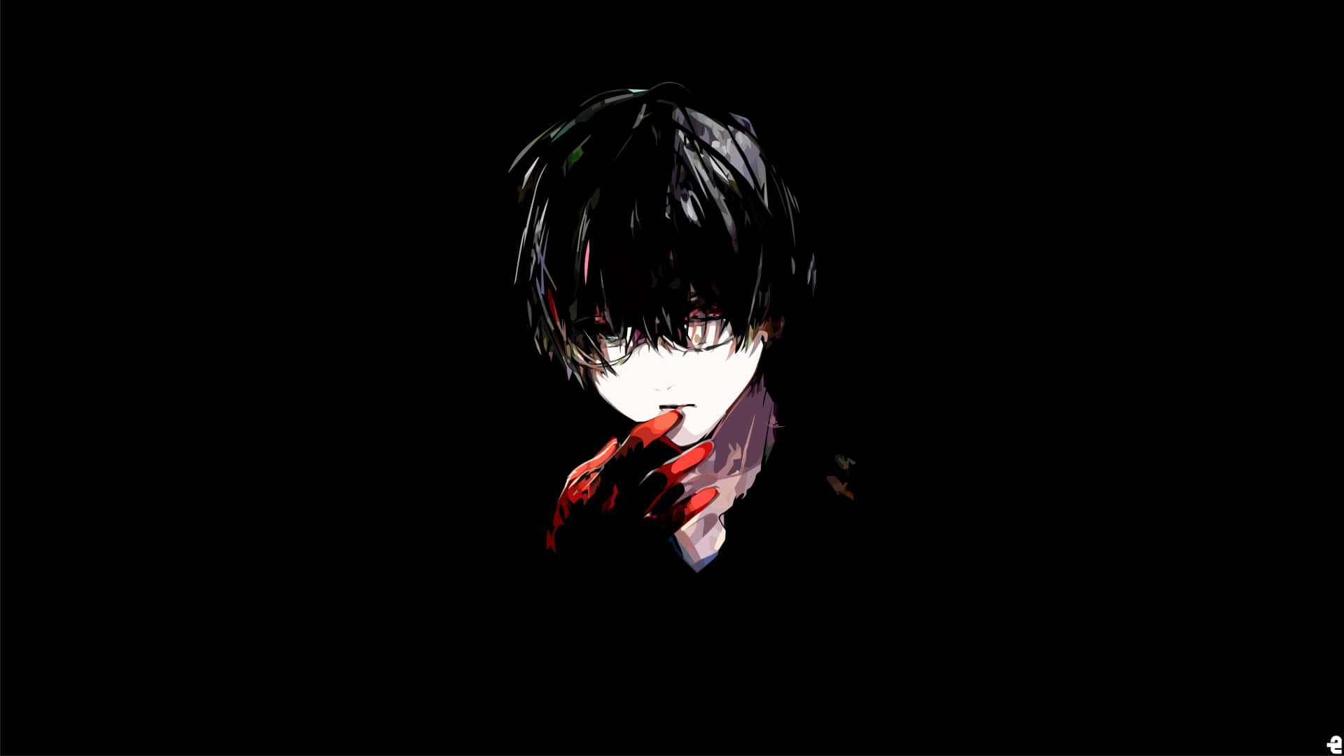 動漫男孩 桌布 壁紙 — 一個深色動漫角色，黑髮紅眼，在黑色背景前將紅色物體貼在唇邊。