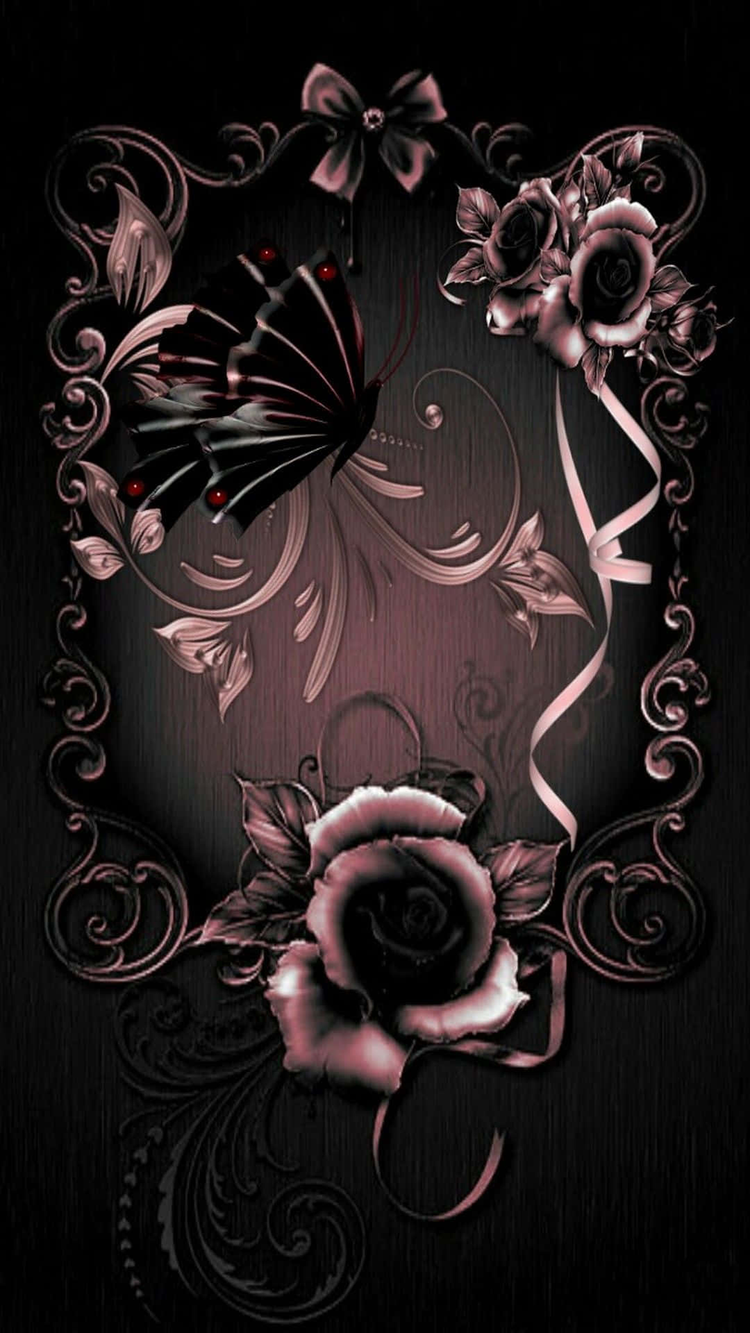 Gothic iPhone 桌布 壁紙 — 一個深色哥德式壁紙，上面有黑玫瑰和一隻紅眼蝴蝶，背景是帶有華麗漩渦紋理的黑色背景。