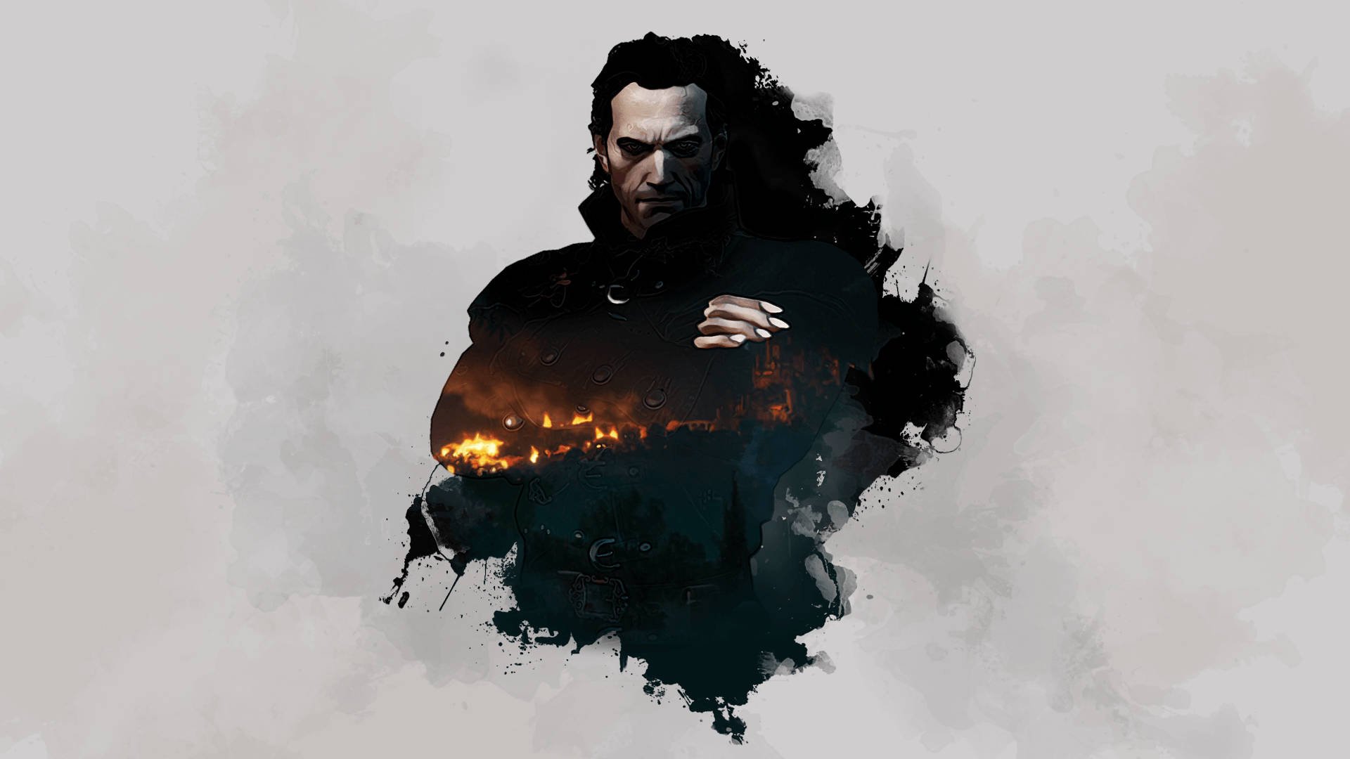Witcher 3 桌布 壁紙 — 一個深色插圖中的男人，表情嚴肅，在柔和的灰色背景上，他的剪影內包含著一個燃燒的城市景觀。
