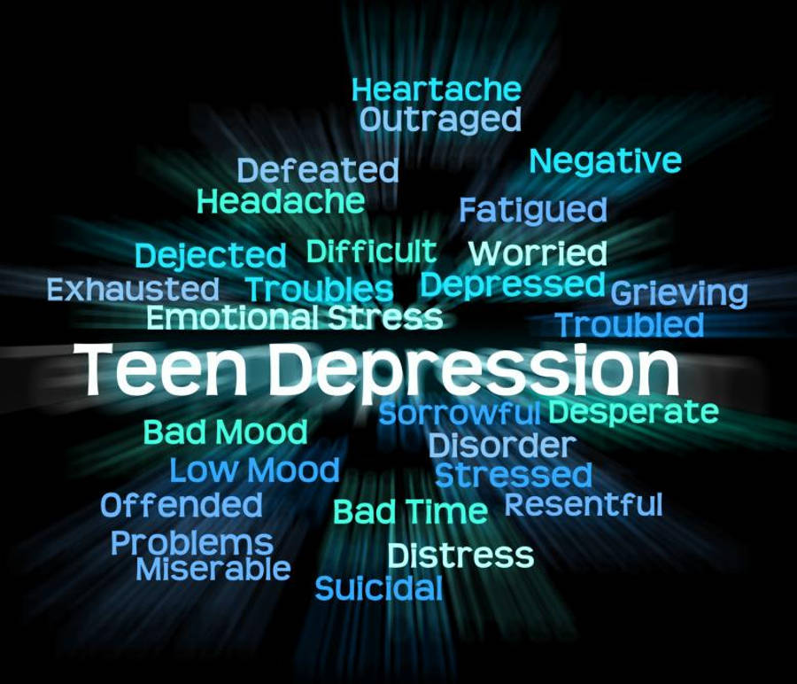 Depressing 桌布 壁紙 — 一個深色數位圖形，以粗體白色文字顯示「Teen Depression」，周圍環繞著發光的藍色詞語，如「depressed」「suicidal」和「emotional stress」，向外輻射。