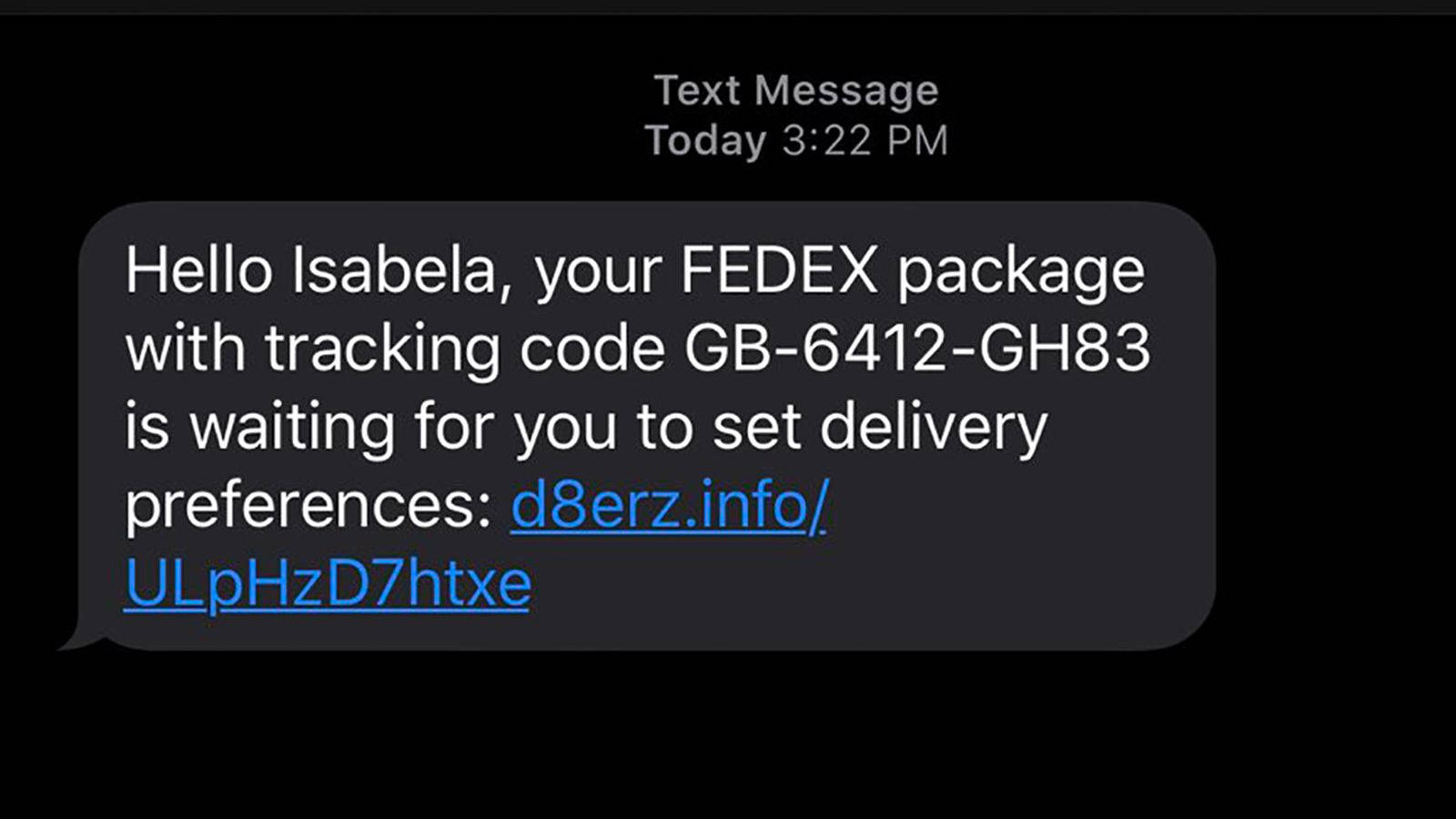 手機 桌布 壁紙 — 一個深色智慧型手機螢幕顯示FedEx文字訊息，要求設定送貨偏好，並附有可疑連結。