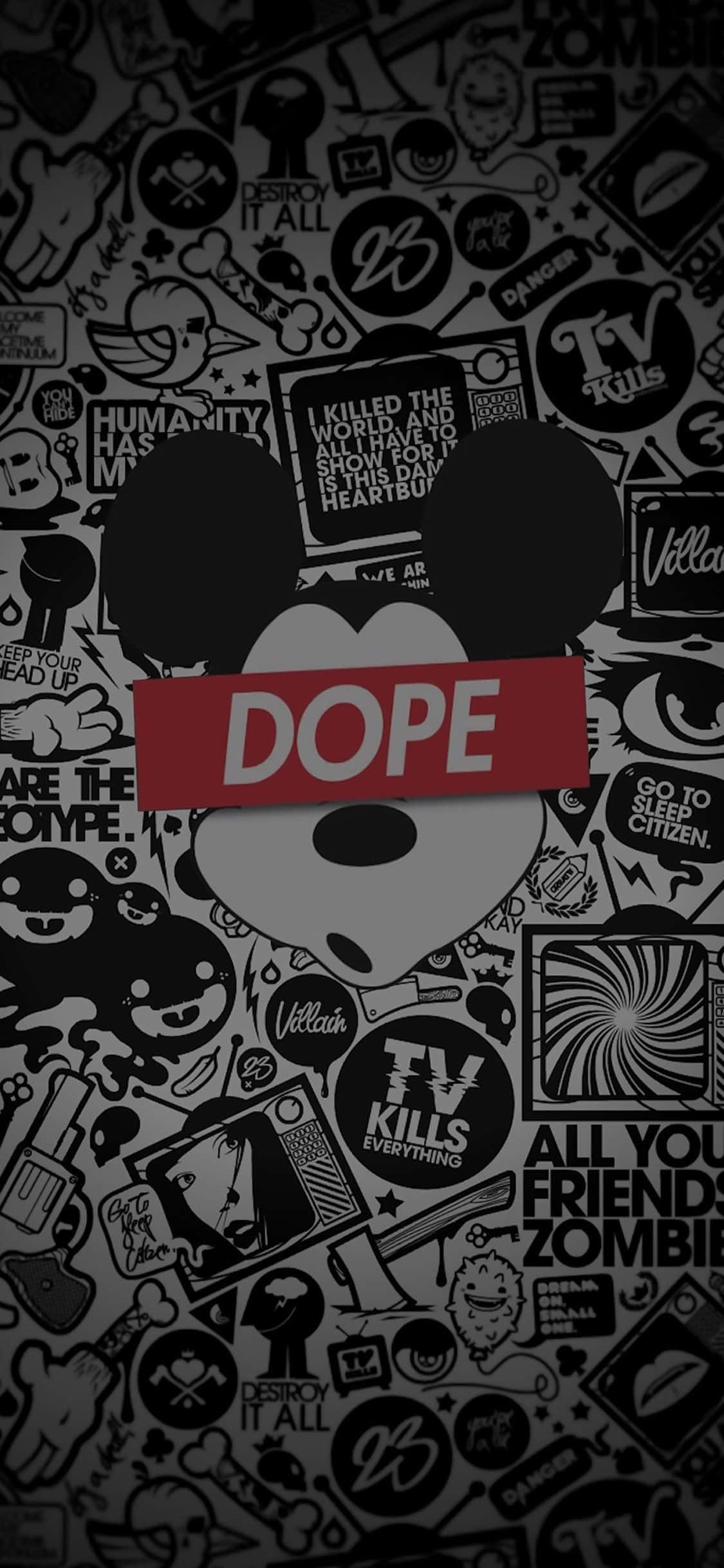 Swag iPhone 桌布 壁紙 — 一個深色桌布，上面有一個風格化的米奇老鼠頭，帶有紅色 'DOPE' 橫幅，覆蓋在一個混亂的流行文化貼紙拼貼上。