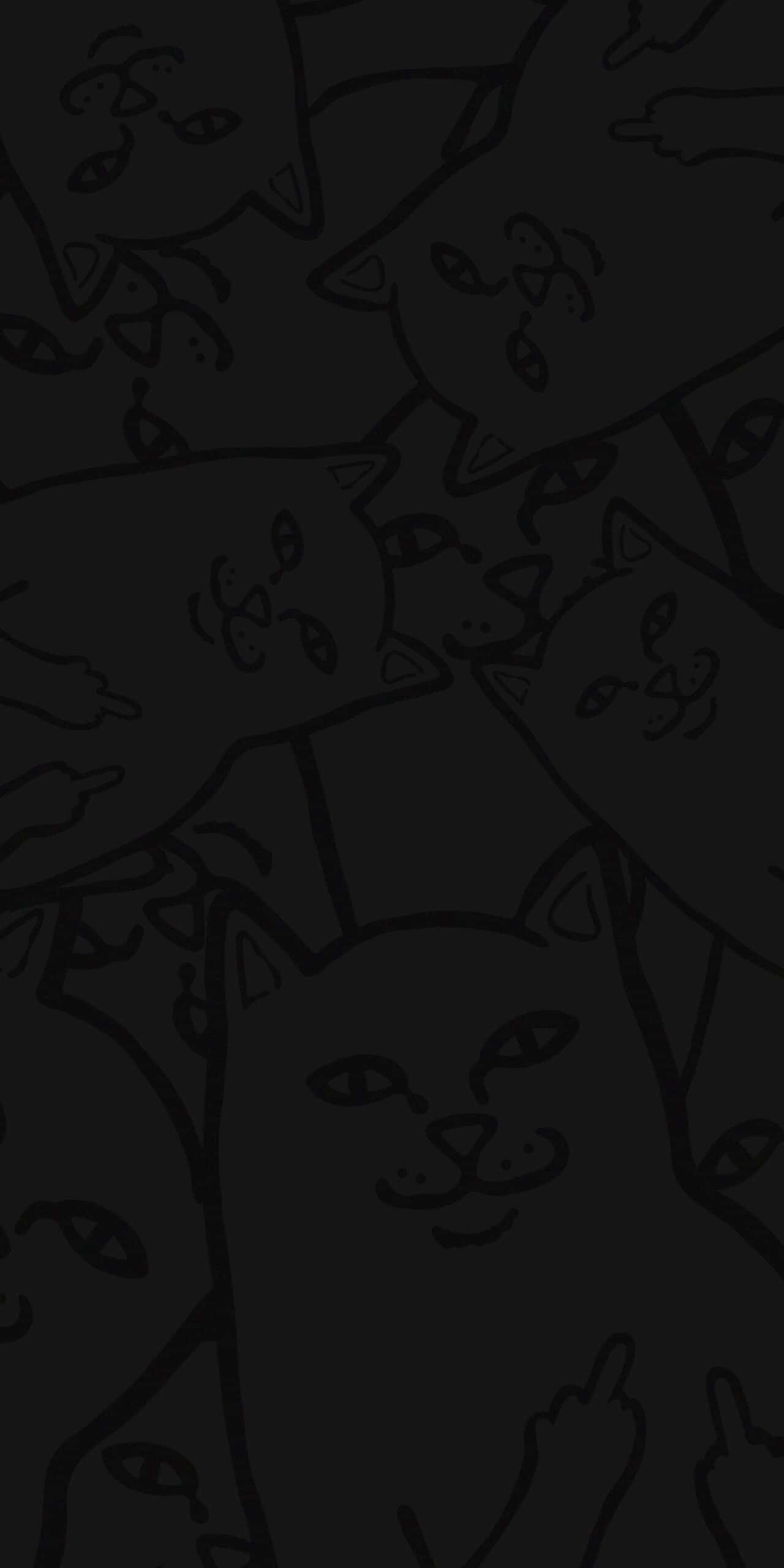 ripndip 桌布 壁紙 — 一個深色桌布，充滿了重複圖案中豎中指的極簡線條貓咪。