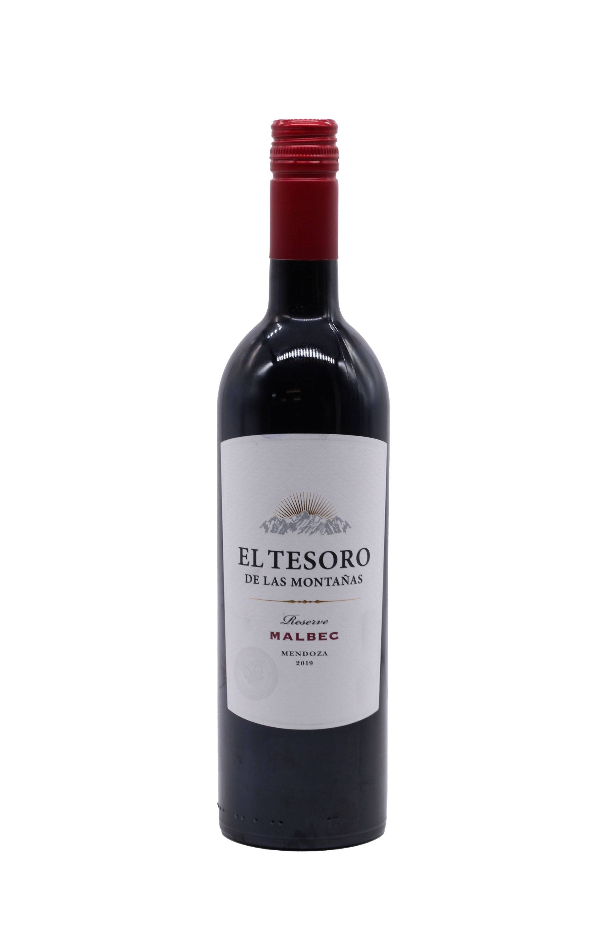 alcohol 桌布 壁紙 — 一個深色玻璃瓶的 El Tesoro Malbec 紅酒，帶有紅色箔帽和白色標籤，置於純白色背景前。